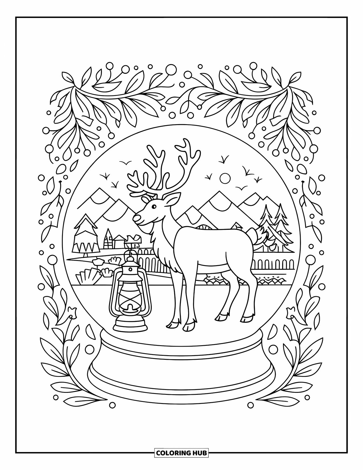 Snow Globe Coloring Page for Adults: Reindeer stands near a lantern in a snow globe framed with leaves