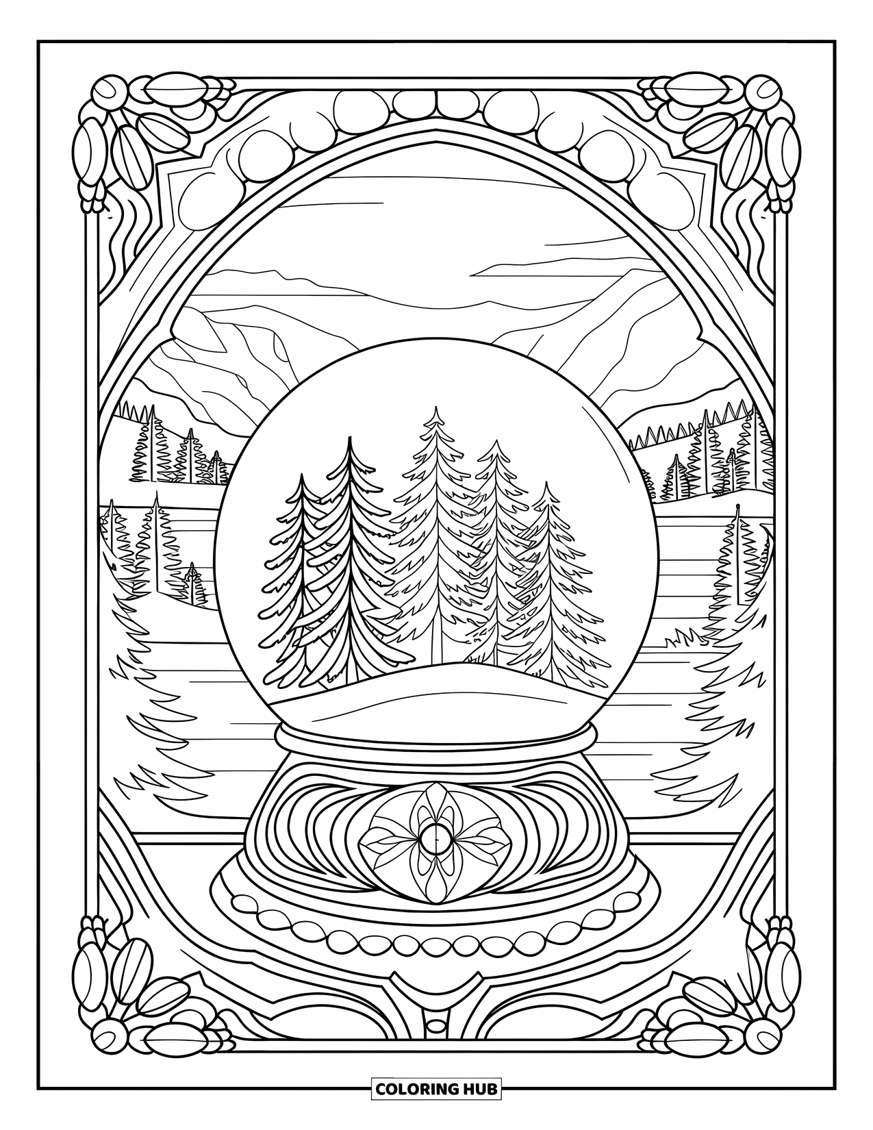 Snow Globe Coloring Page for Adults: Snow globe filled with pines and snow, resting in ornate glasswork