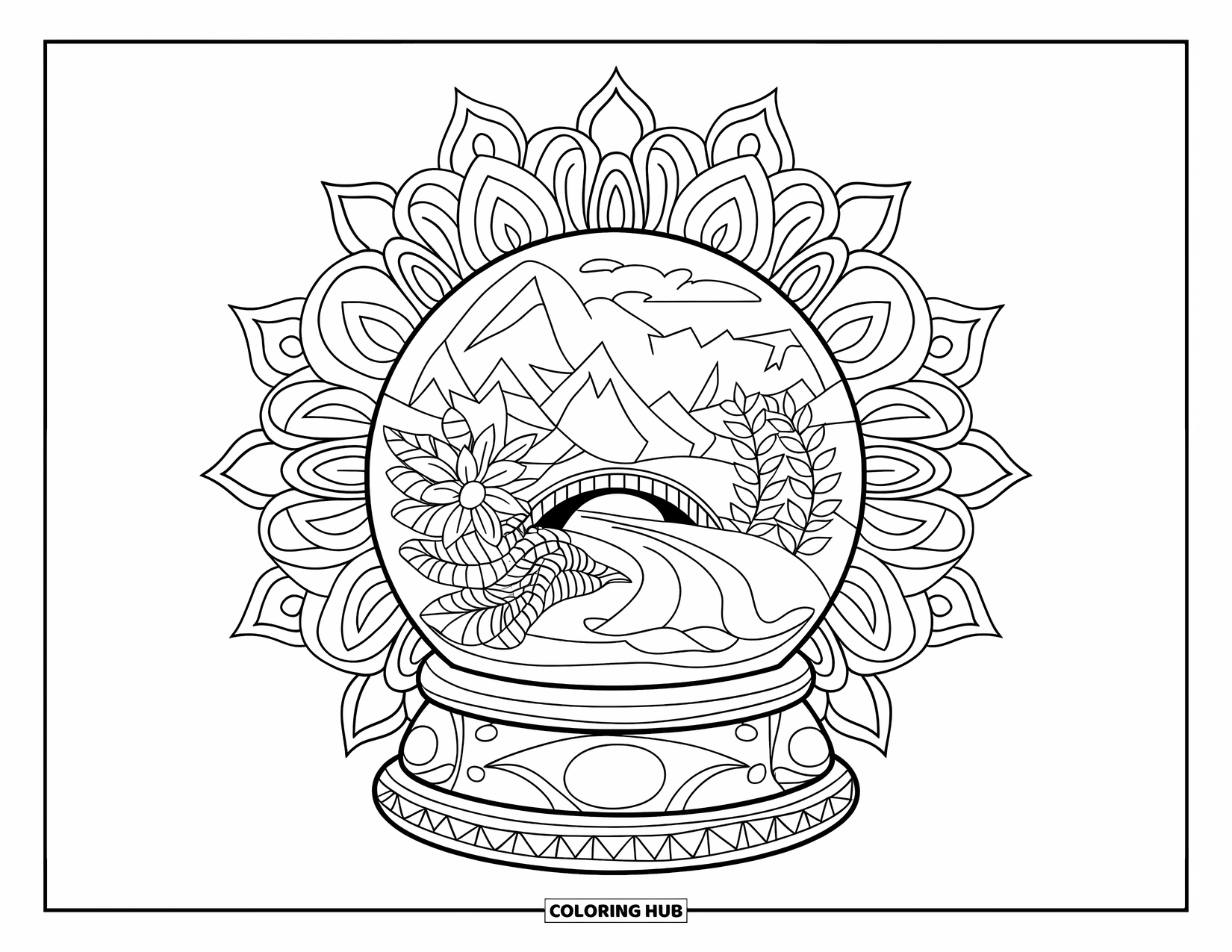 Snow Globe Coloring Page for Adults: Snow globe with a river and bridge framed by flowers and leafy patterns