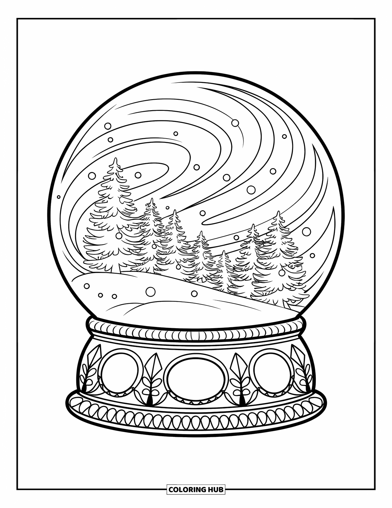 Snow Globe Coloring Page for Adults: Snow globe with swirling snow surrounds a quiet pine forest