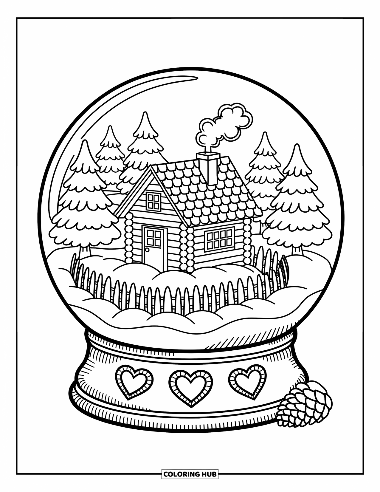 Snow Globe Coloring Page for Adults: Snowy cabin globe has a curvy fence, heart base, and floating snowflakes