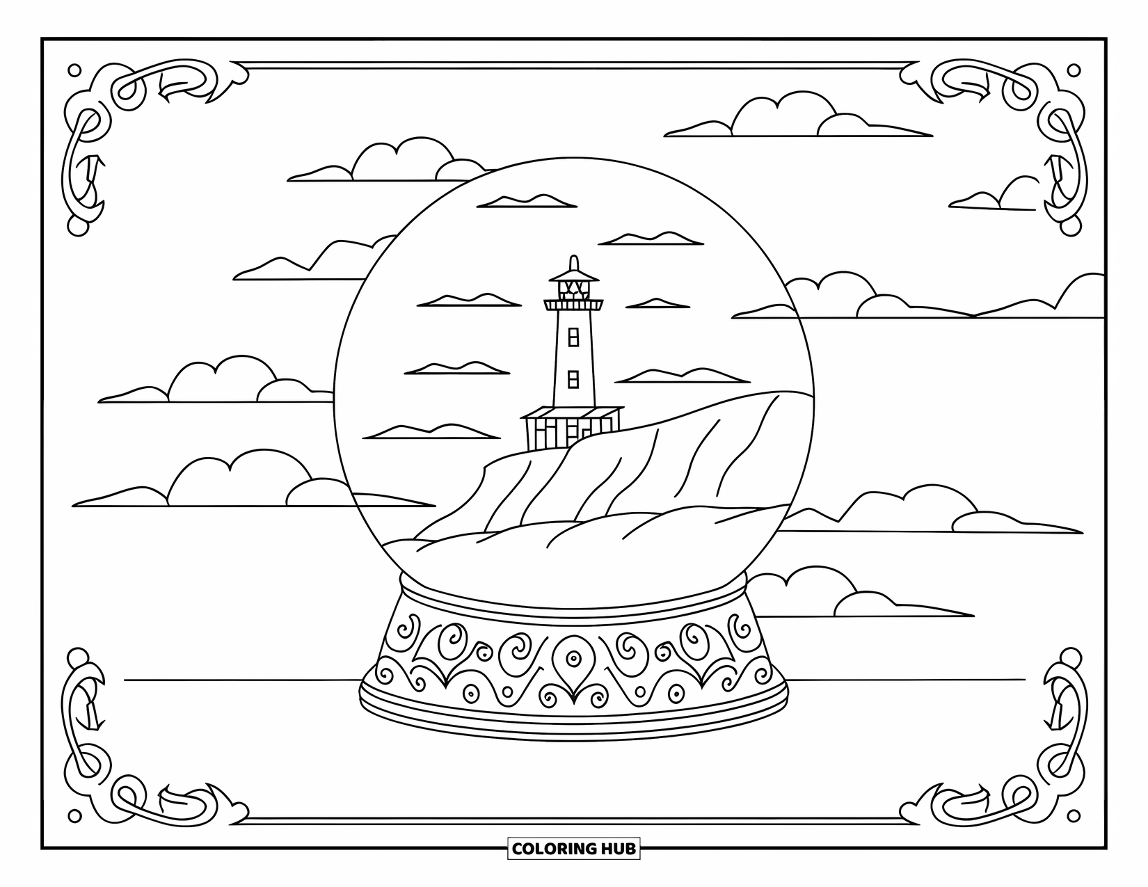 Snow Globe Coloring Page for Adults: Snowy cliff lighthouse sits inside a globe with elegant swirling patterns