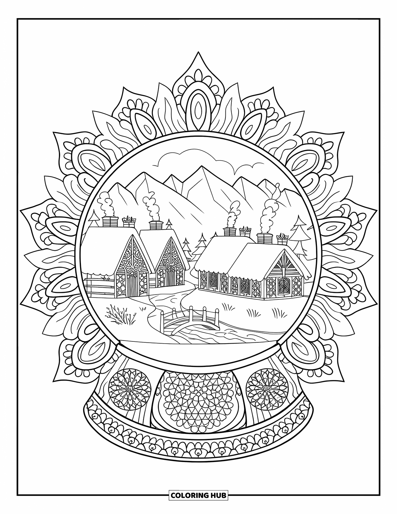 Snow Globe Coloring Page for Adults: Snowy cottages and a wooden bridge sit peacefully in a globe