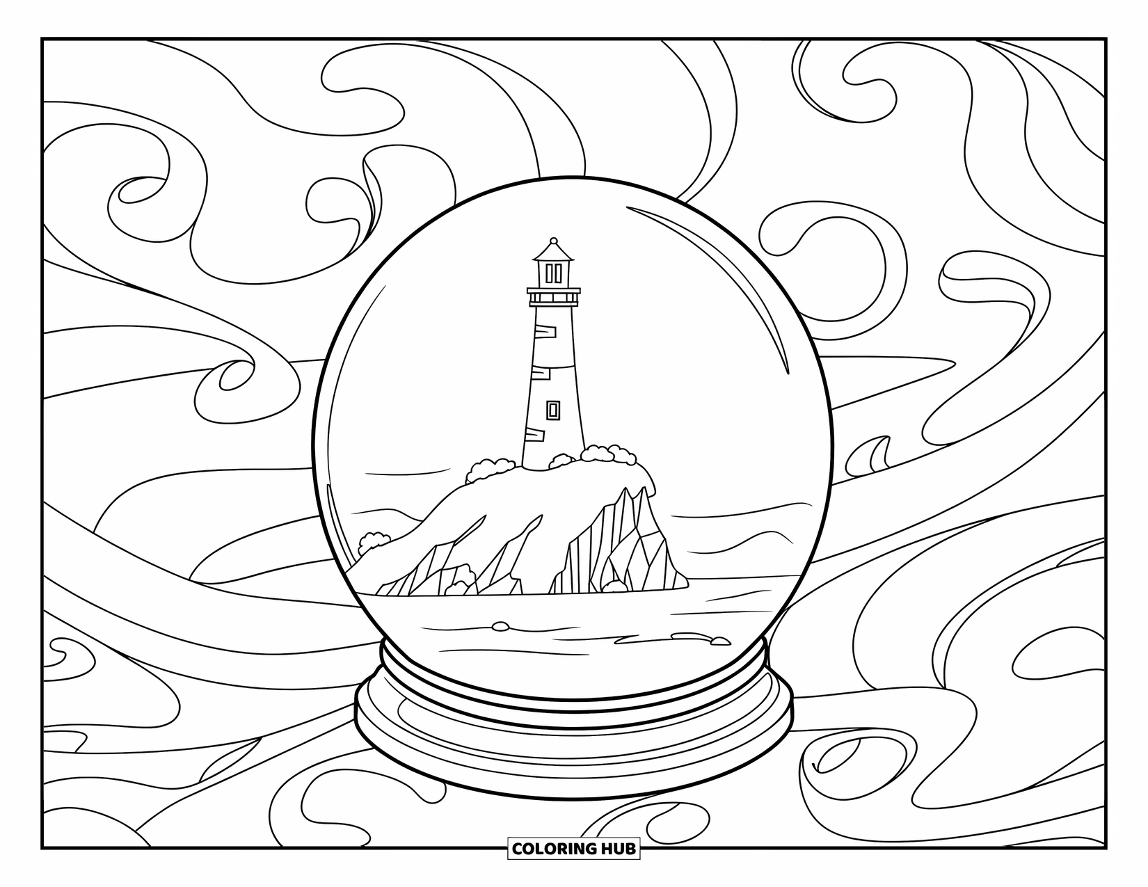 Snow Globe Coloring Page for Adults: Tall lighthouse stands in a swirling globe atop a snowy cliff