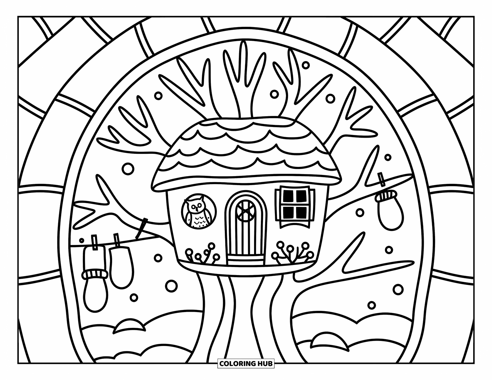 Snow Globe Coloring Page for Adults: Treehouse with lanterns and mittens sits in a snowy tree with a tiny owl watching