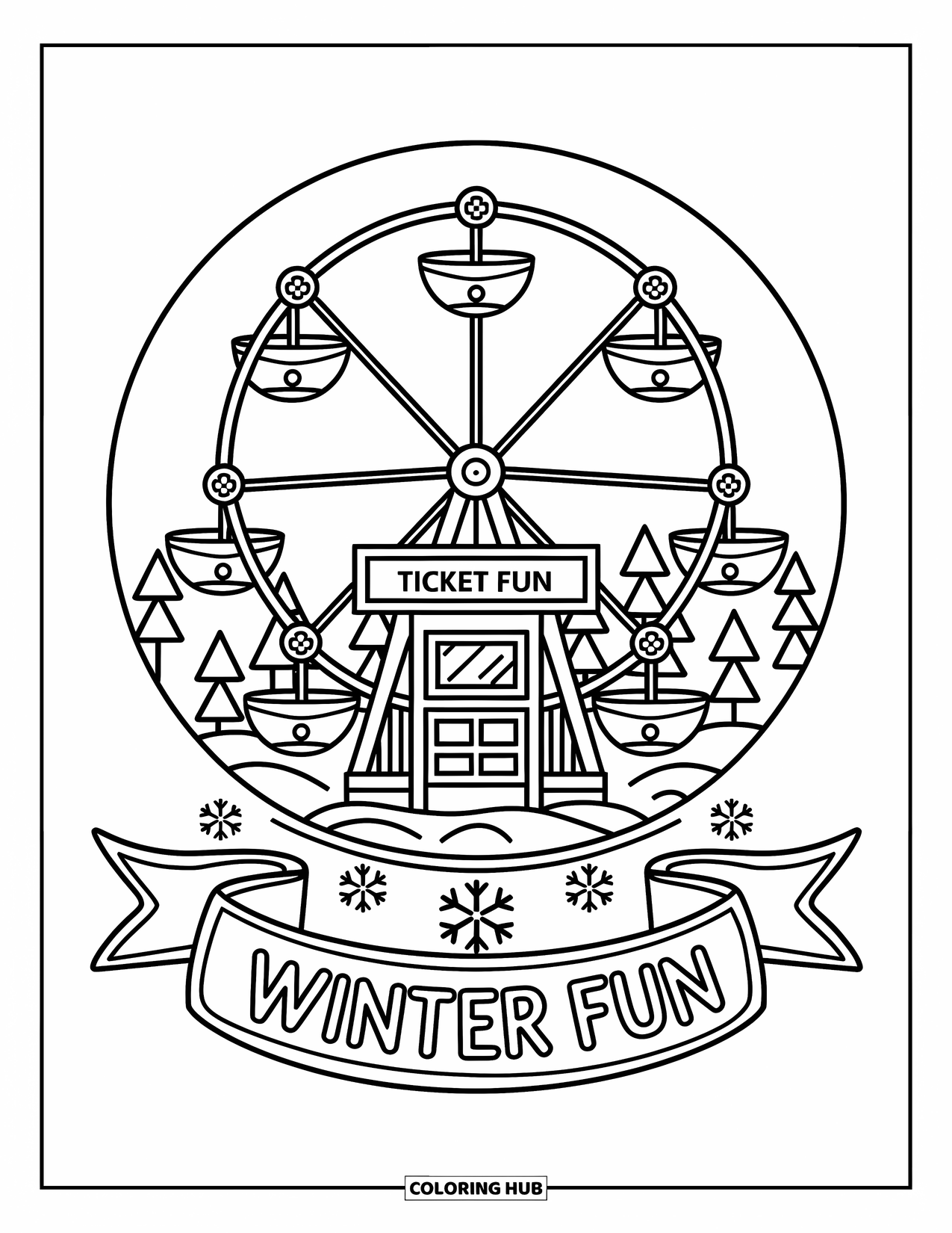 Snow Globe Coloring Page for Adults: Whimsical Ferris wheel in a globe features teacup cars and carved bows