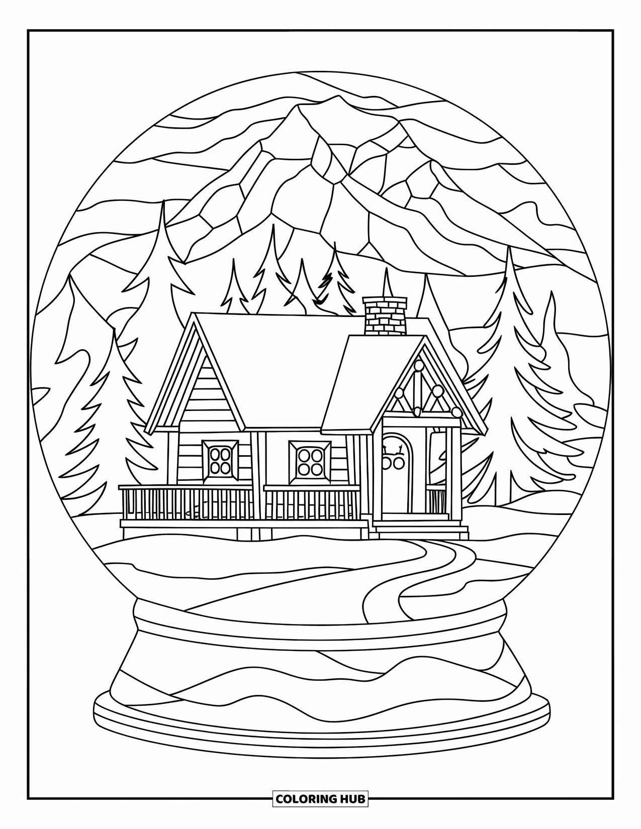 Snow Globe Coloring Page for Adults: Wooden cabin rests in a globe with a stained-glass mountain scene