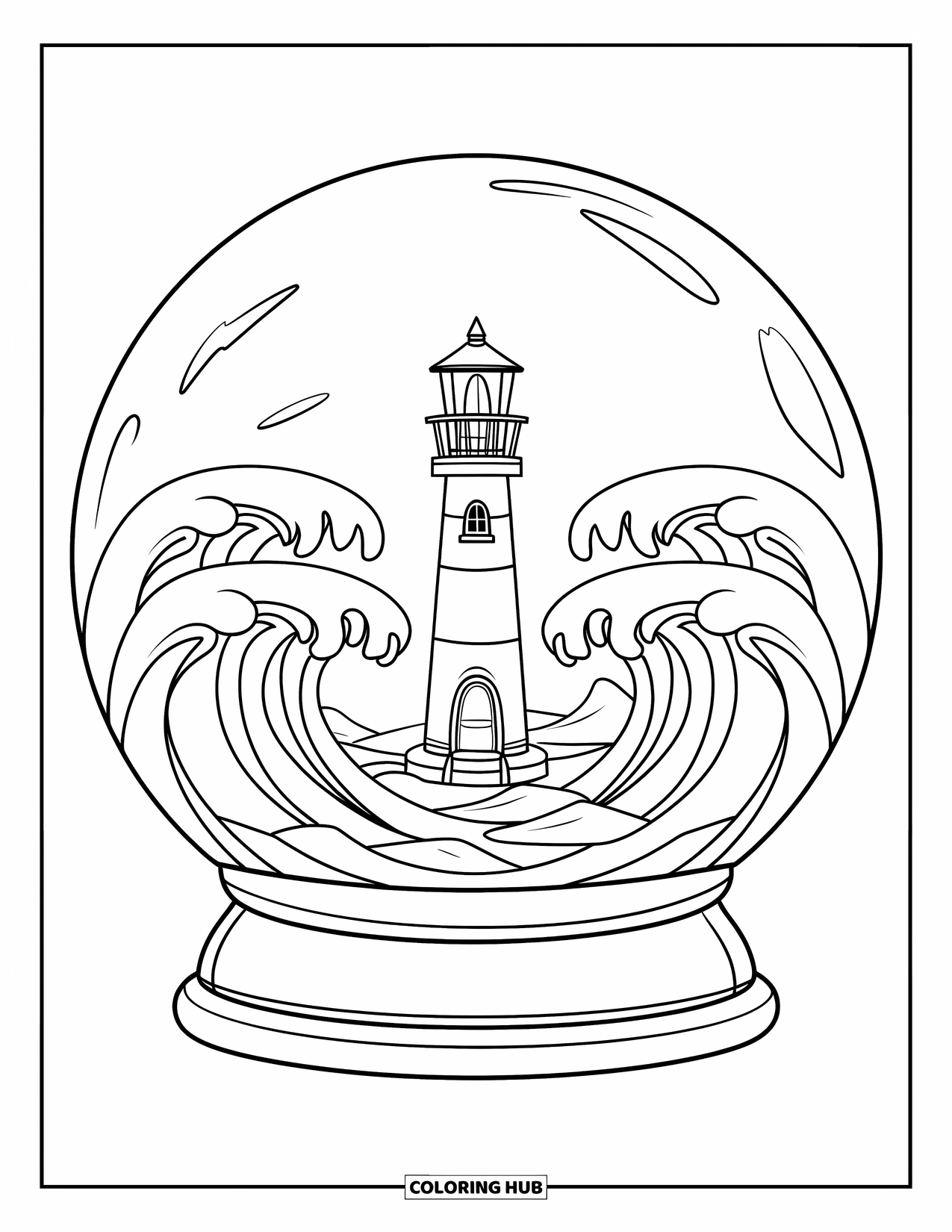Snow Globe Coloring Page for Kids: A lighthouse and rocky shore sit inside a snow globe with waves