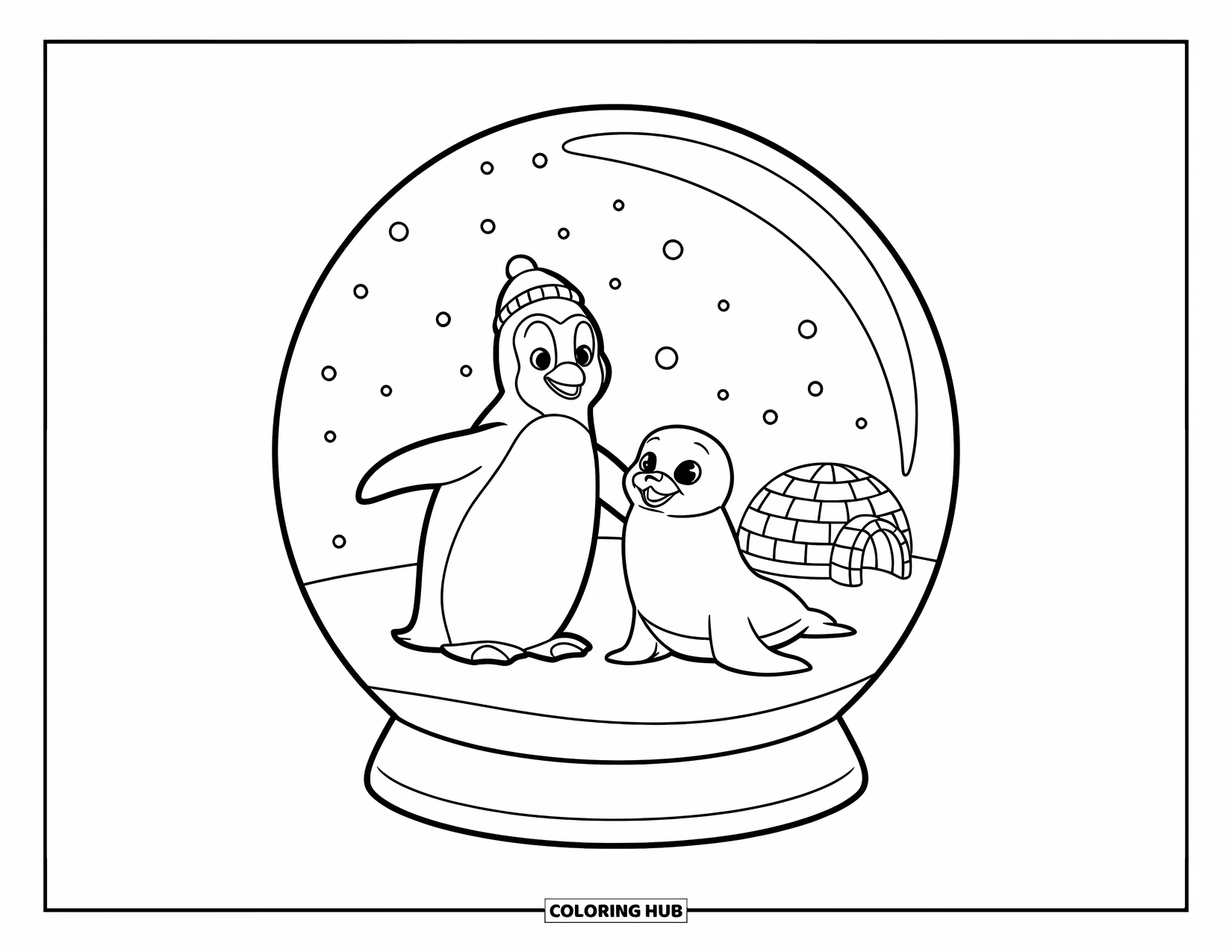 Snow Globe Coloring Page for Kids: Penguin in a hat and seal inside a snowy globe next to an igloo