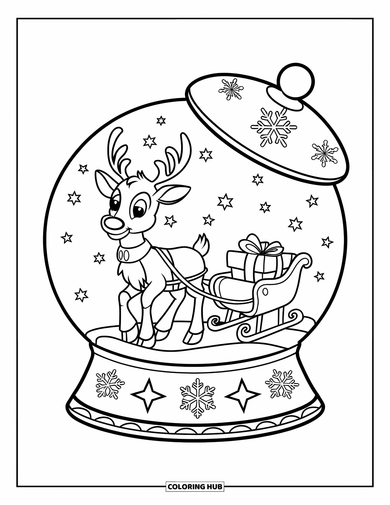 Snow Globe Coloring Page for Kids: Reindeer and sleigh with presents inside a snow globe full of snowflakes