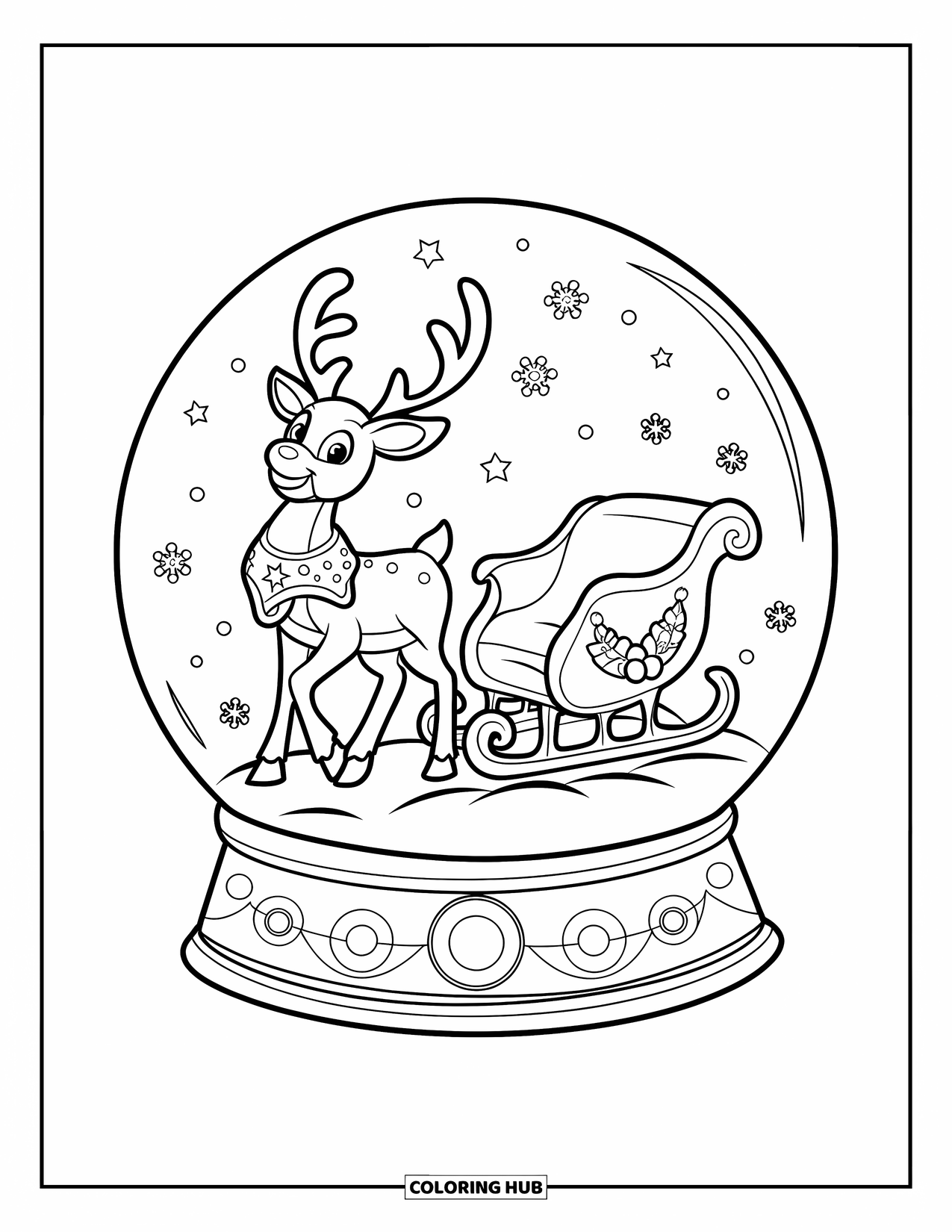 Snow Globe Coloring Page for Kids: Reindeer in winter gear pulls a sleigh inside a festive snow globe