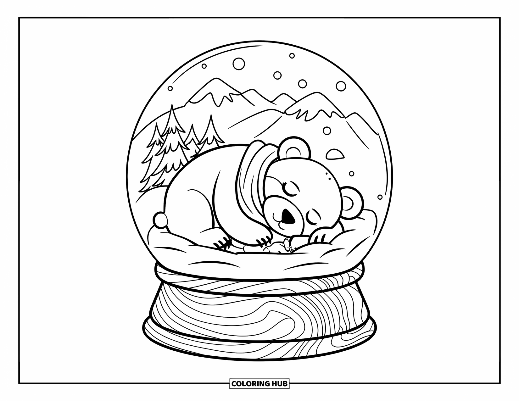 Snow Globe Coloring Page for Kids: Scarf-wrapped bear cuddles a plush toy inside a snowy cave globe