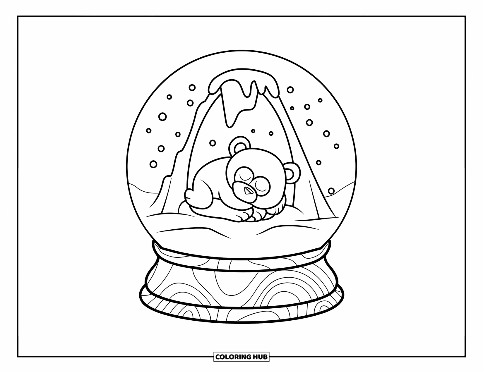 Snow Globe Coloring Page for Kids: Sleeping bear rests in a snowy cave inside a cozy snow globe