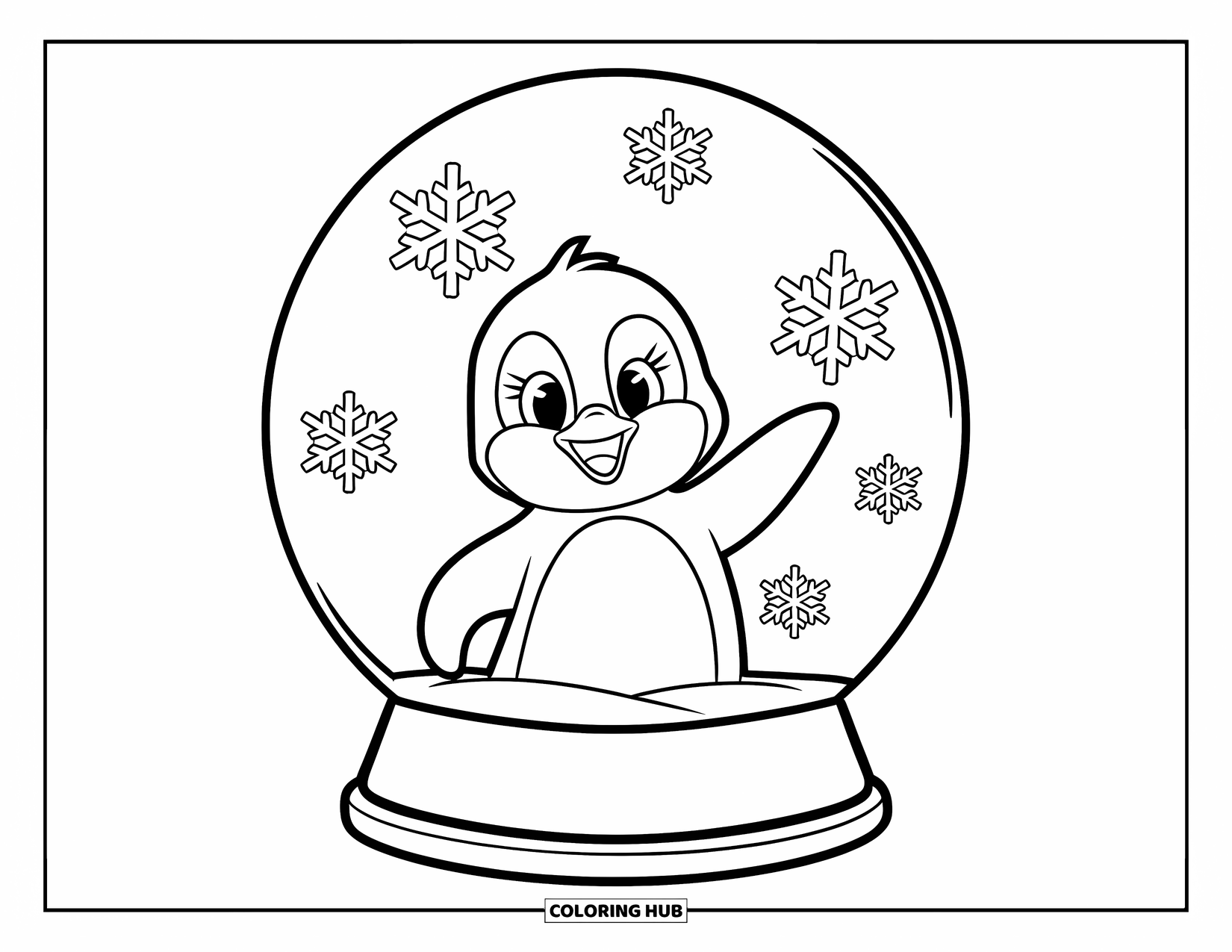 Snow Globe Coloring Page for Kids: Smiling penguin waves from a snow globe filled with big snowflakes