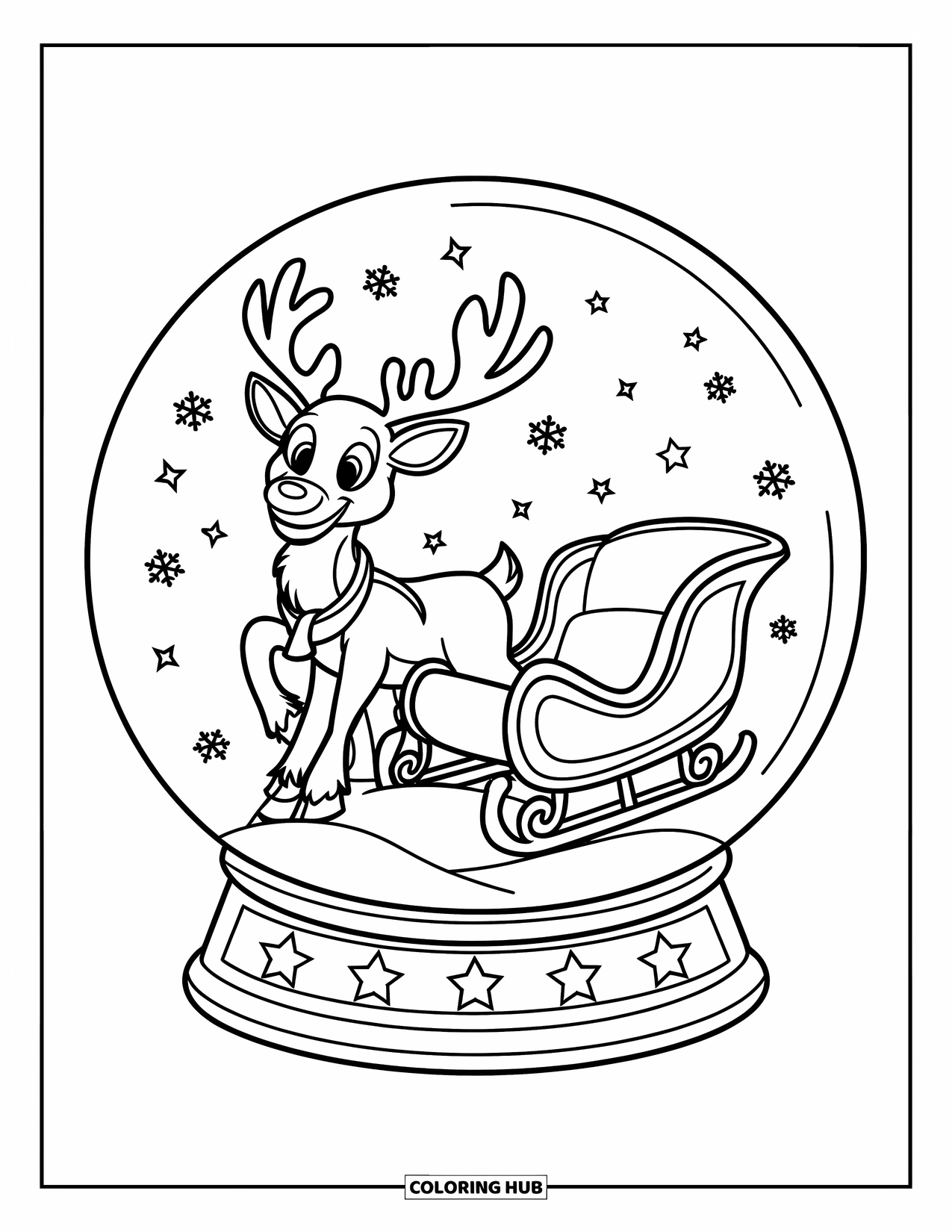 Snow Globe Coloring Page for Kids: Snow globe holds a sleigh and reindeer with stars and snowflakes