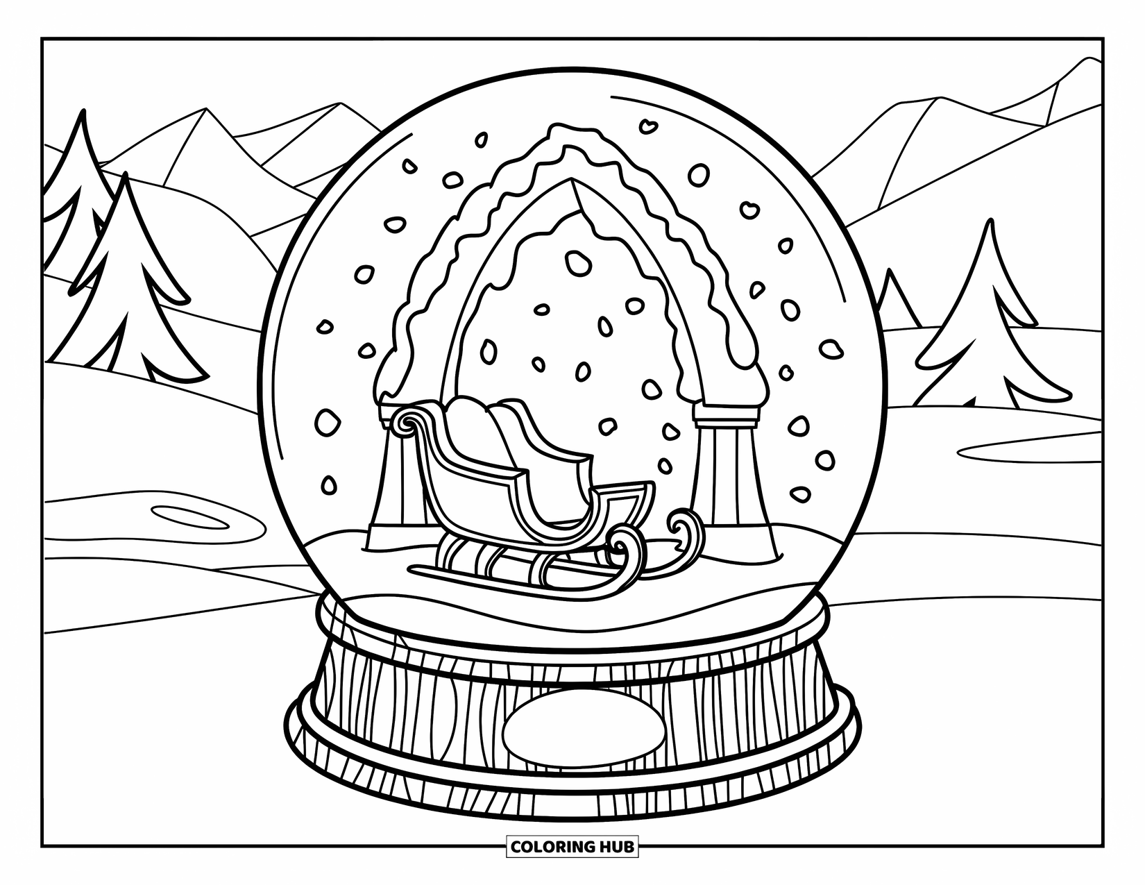 Snow Globe Coloring Page for Kids: Snow globe holds a sleigh under a snowy arch in a quiet forest