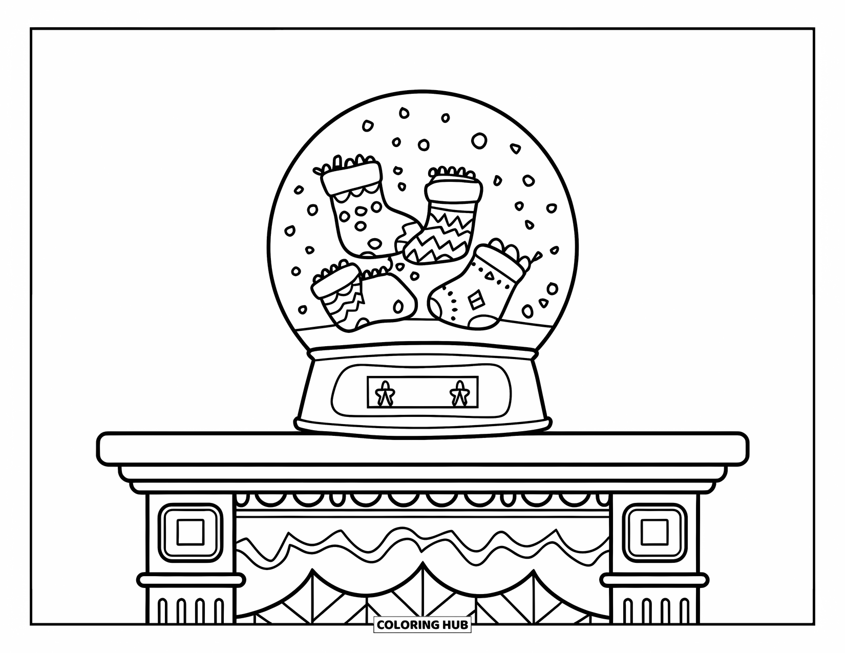 Snow Globe Coloring Page for Kids: Snow globe on a mantel holds mini stockings and holiday cheer