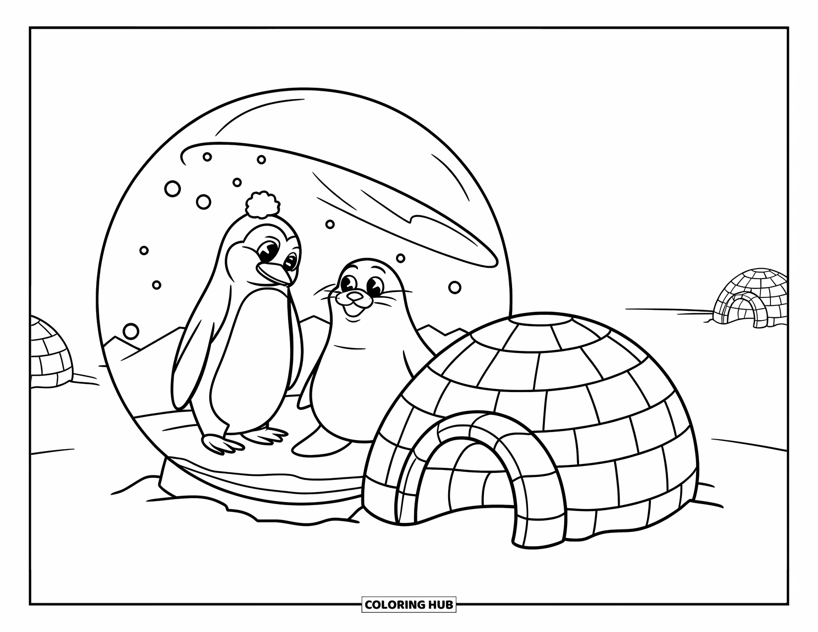 Snow Globe Coloring Page for Kids: Snow globe with a penguin and seal next to several igloos