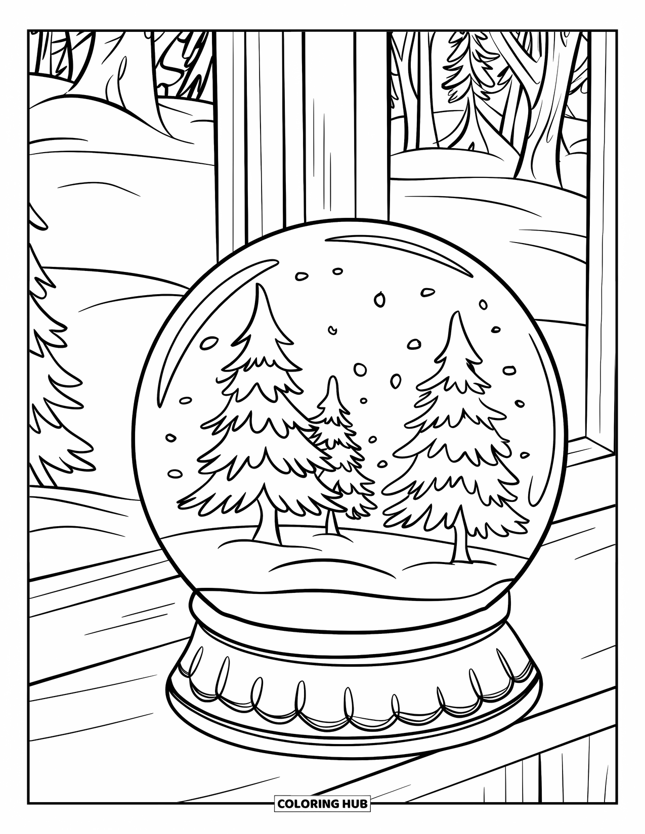 Snow Globe Coloring Page for Kids: Snow globe with a snowy village sits quietly on a windowsill