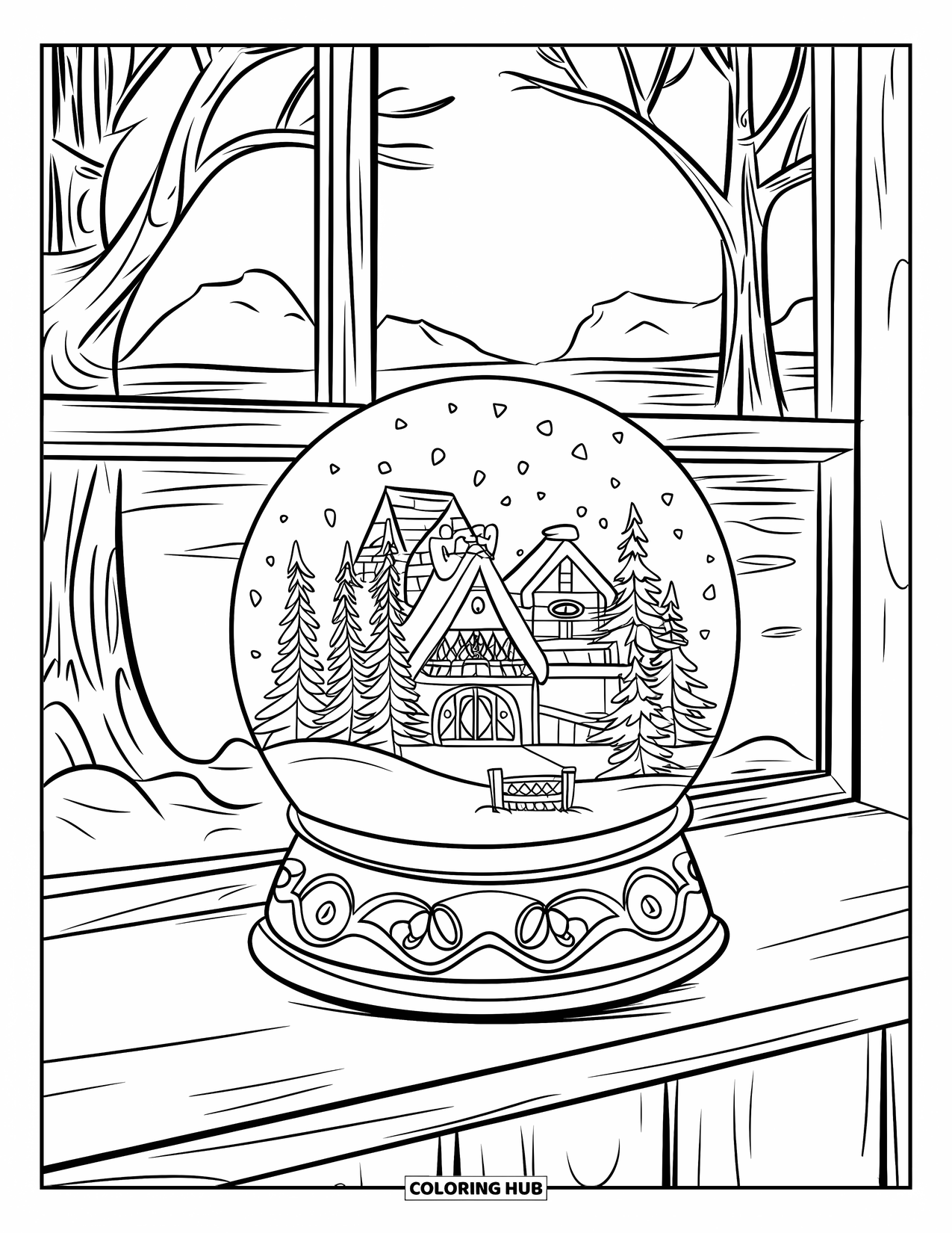 Snow Globe Coloring Page for Kids: Snow globe with a village and bridge sits on a wood-framed windowsill
