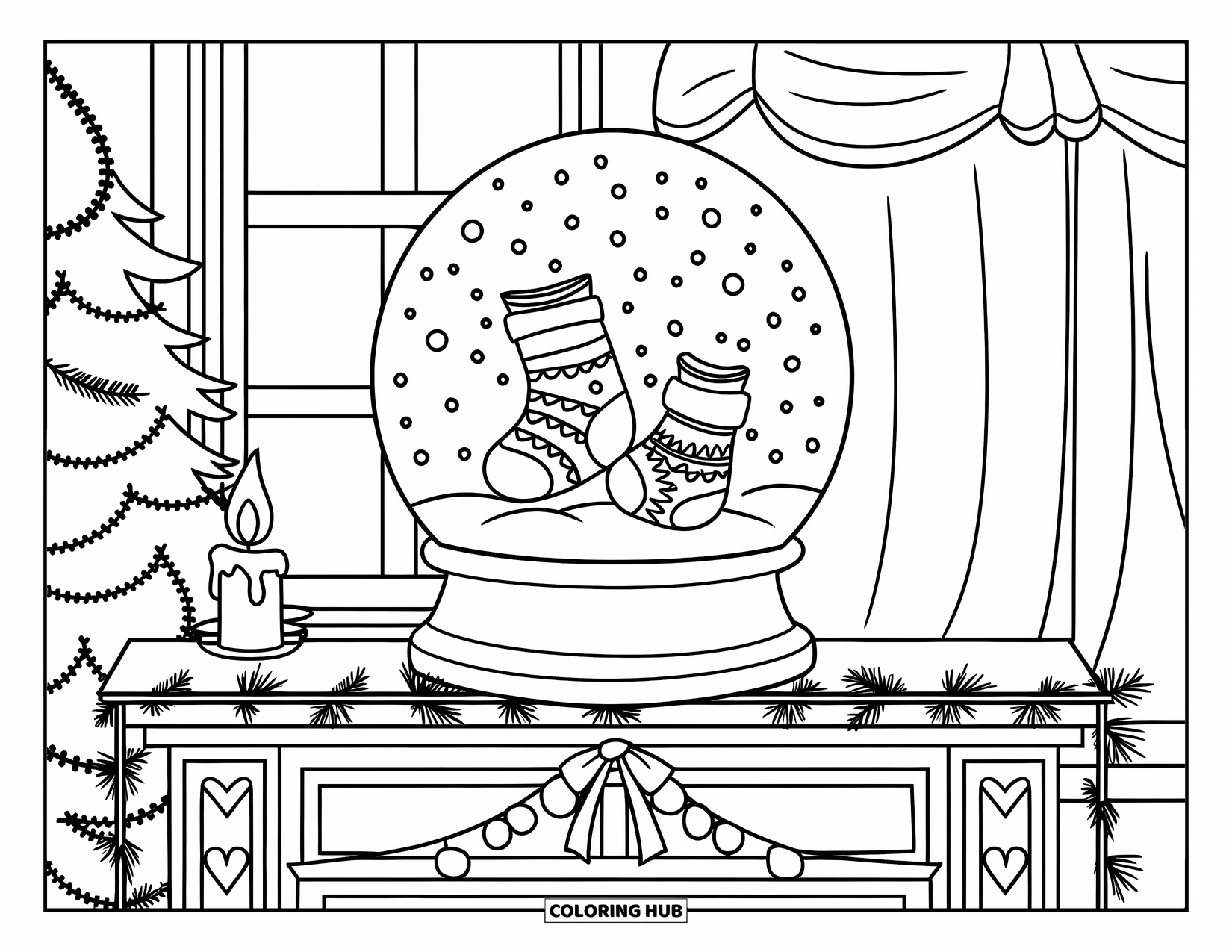 Snow Globe Coloring Page for Kids: Snow globe with stockings rests on a mantel with a tree and wreath