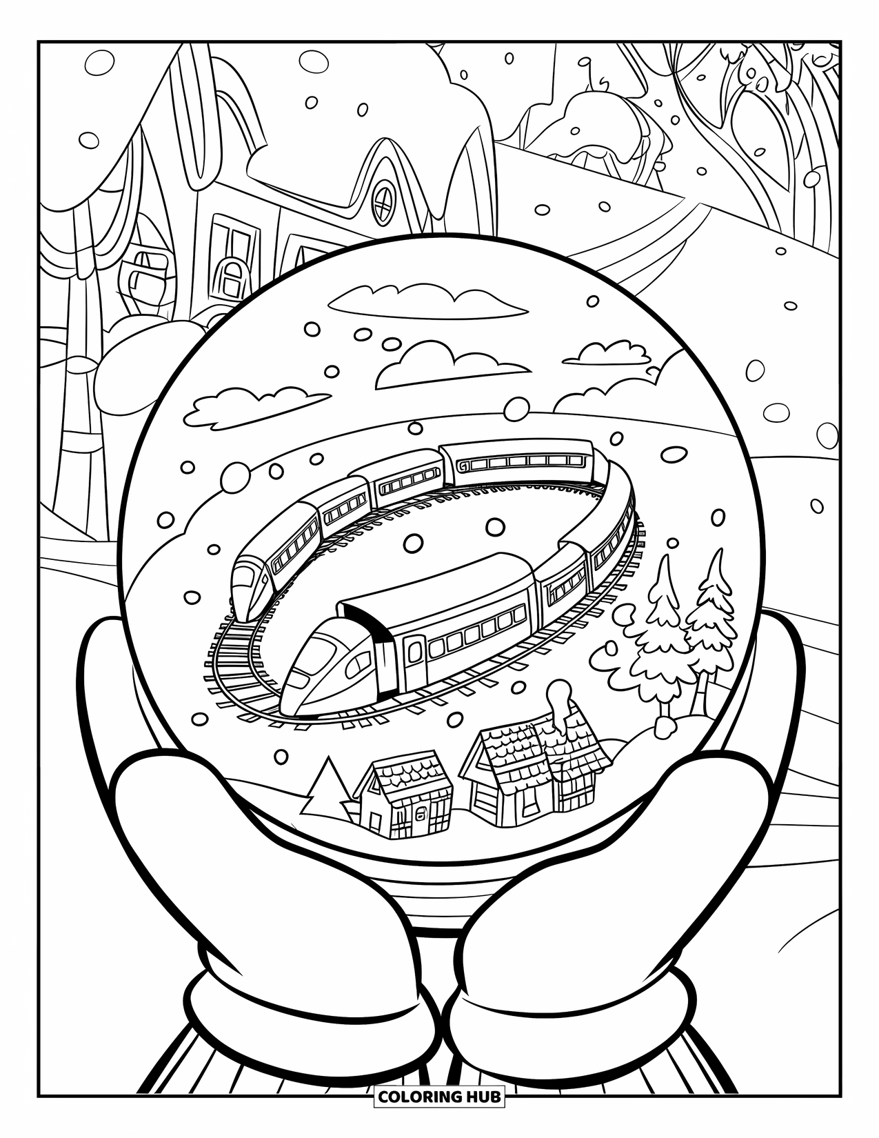 Snow Globe Coloring Page for Kids: Train circles a village inside a snow globe cradled by mittens