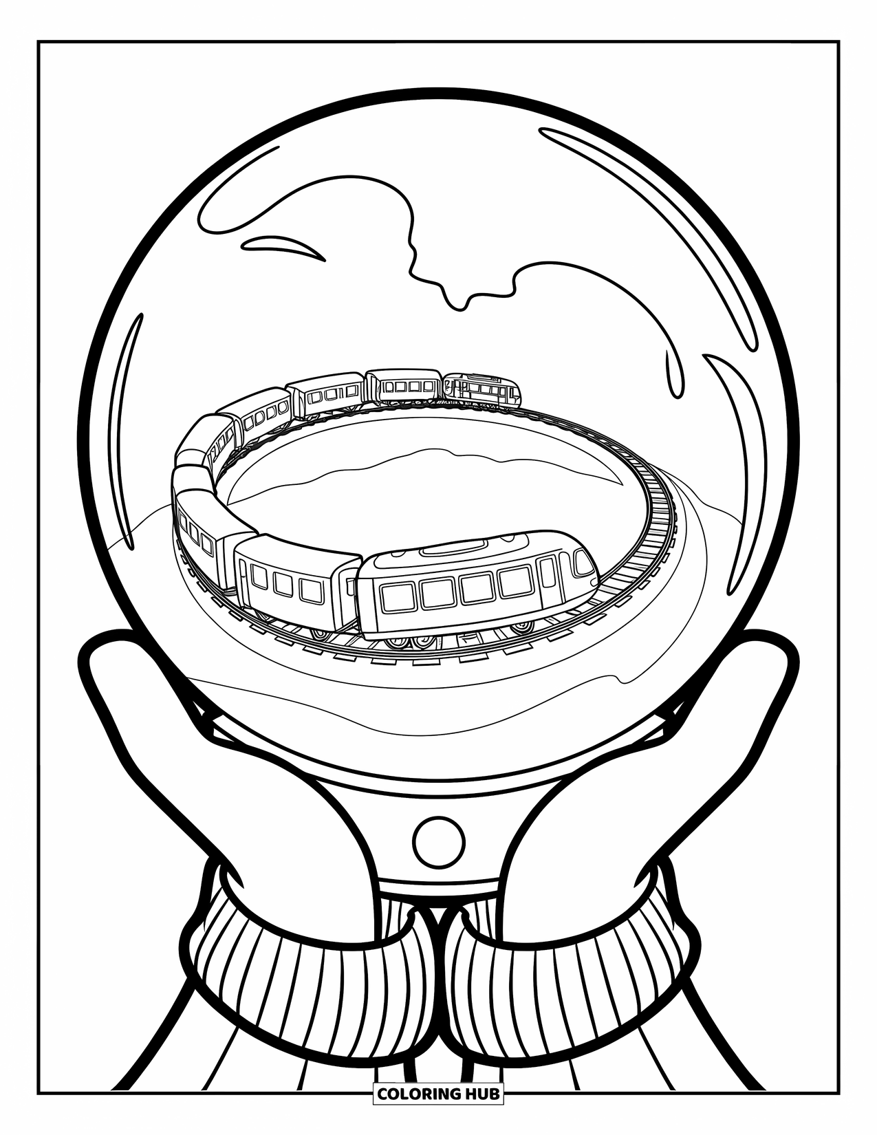 Snow Globe Coloring Page for Kids: Train loops around inside a snow globe held in cozy mittens