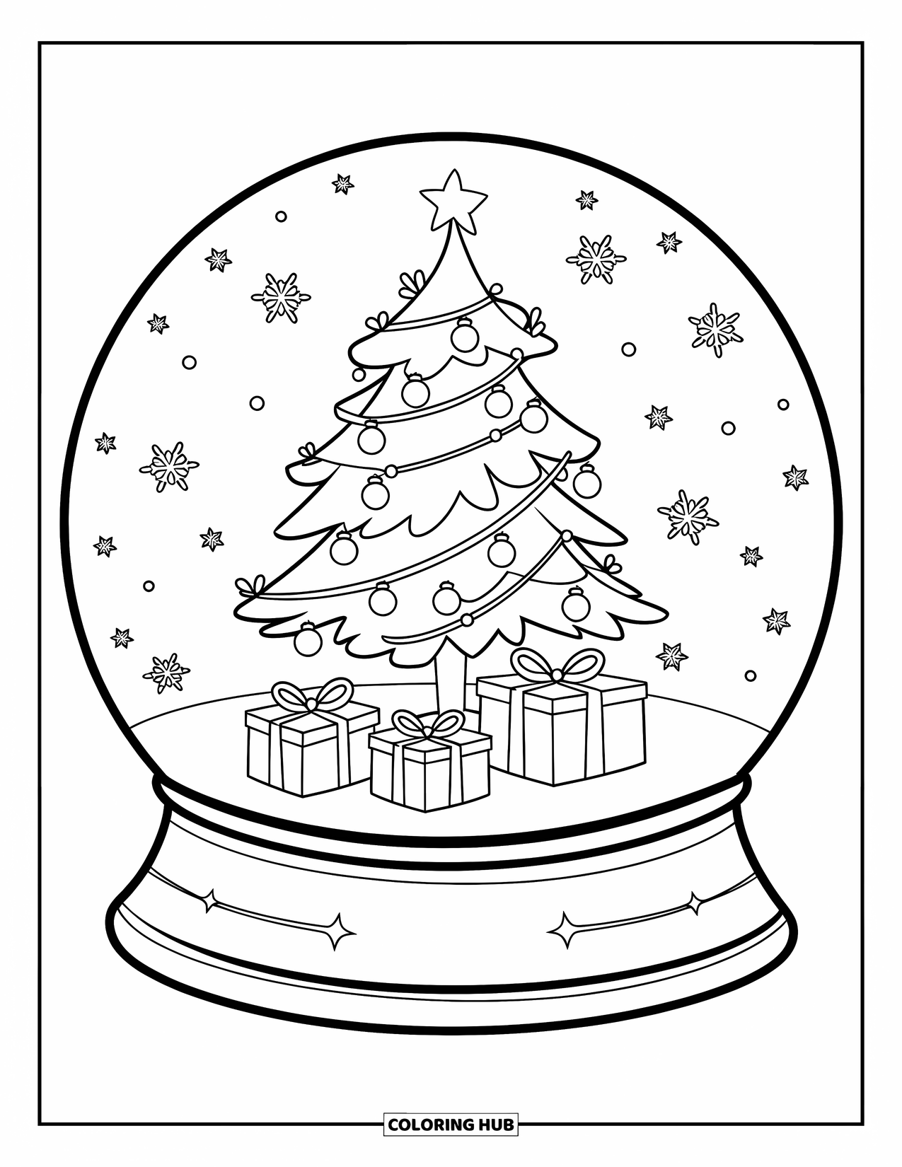 Snow Globe Coloring Page for Kids: Twinkling tree and wrapped gifts sparkle inside a festive snow globe