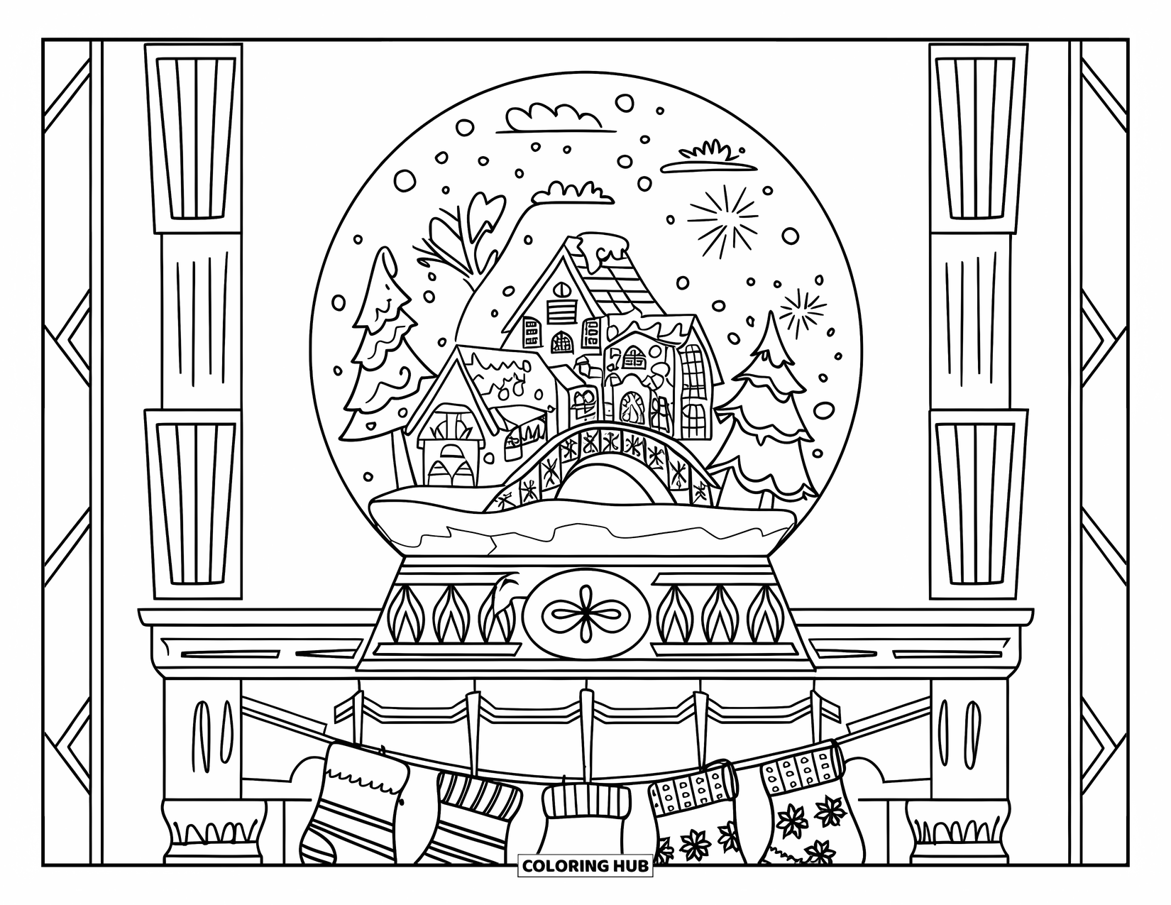 Snow Globe Coloring Page for Kids: Village scene in a snow globe sits above a decorated fireplace