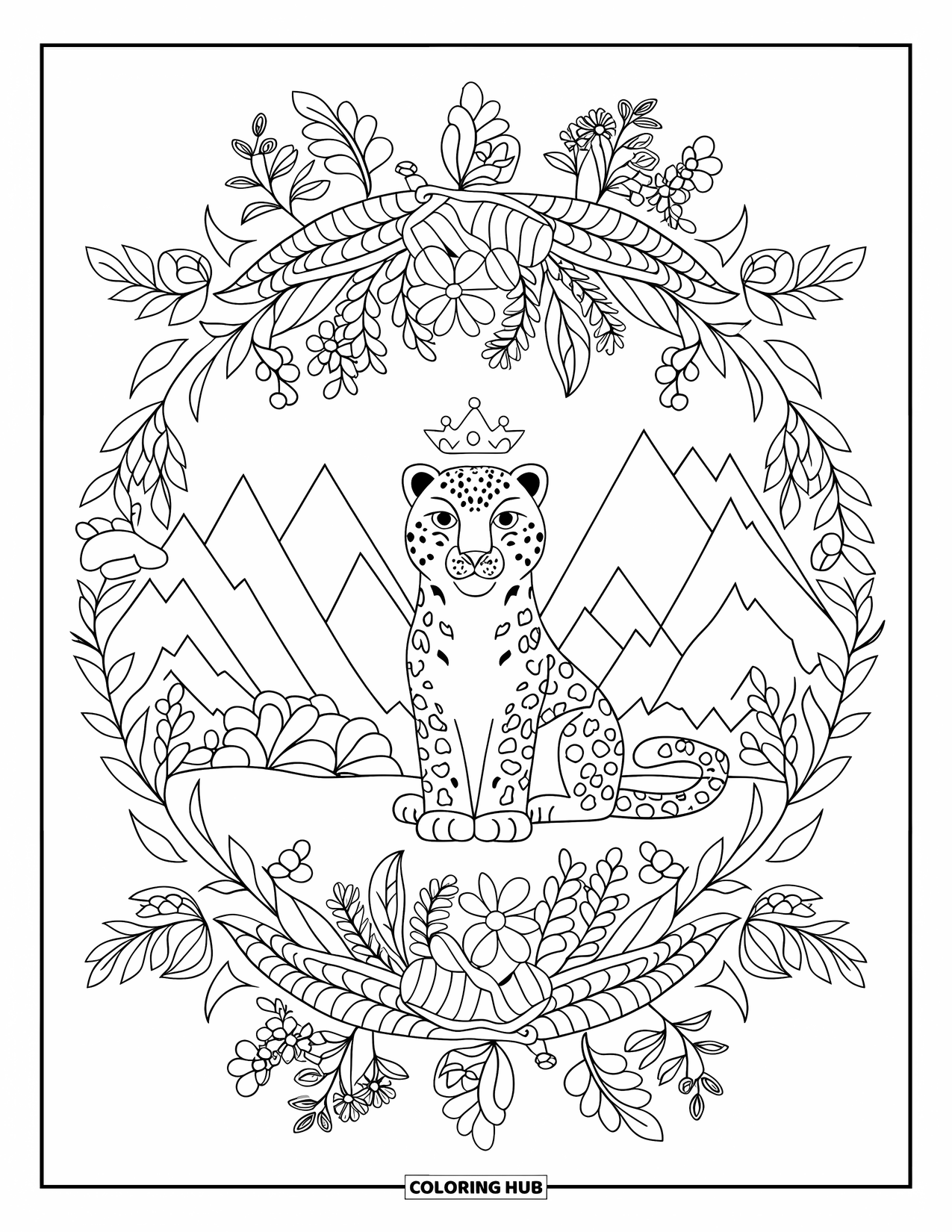 Snow Leopard Coloring Page for Adults: A crowned snow leopard sits among mountain flowers and leafy vines