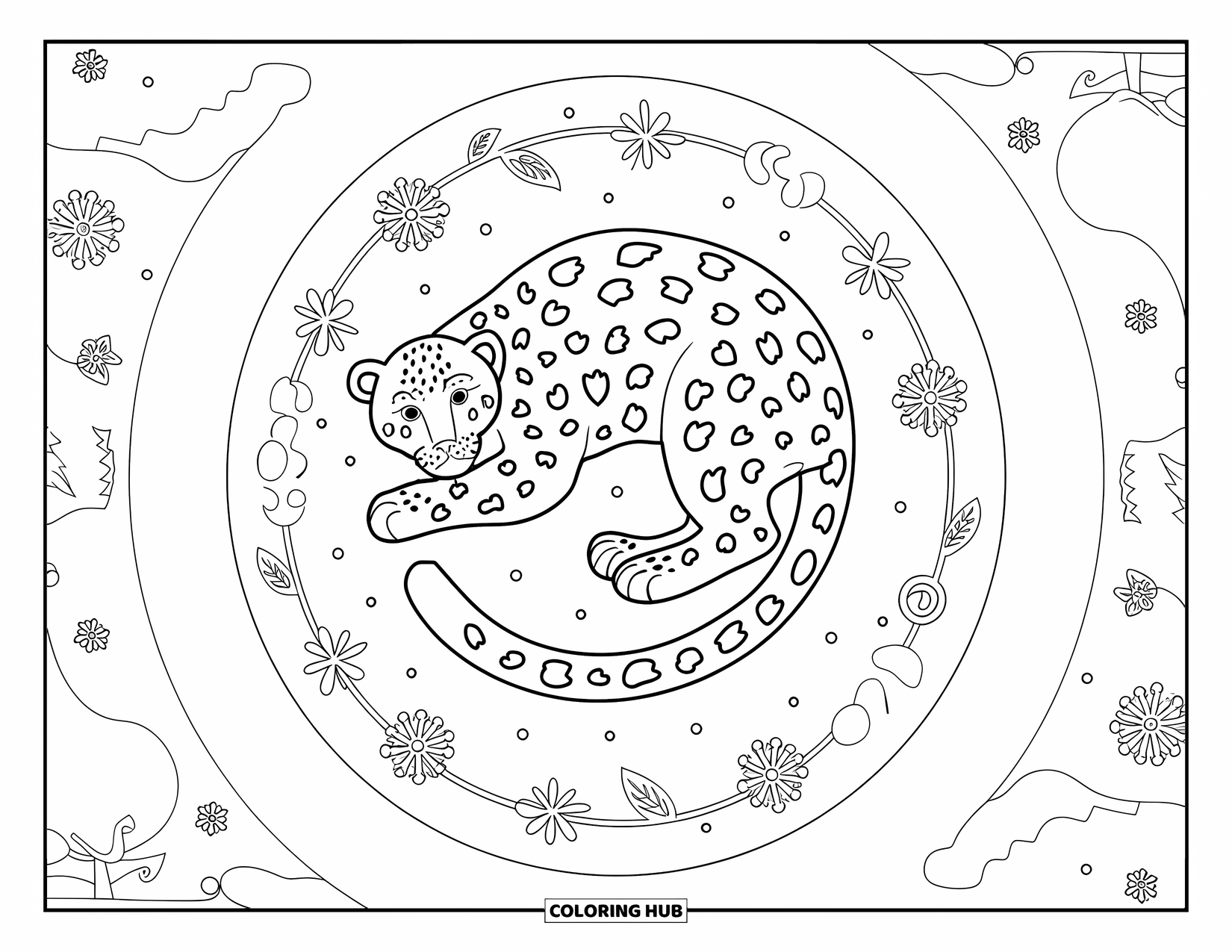 Snow Leopard Coloring Page for Adults: A curled snow leopard lies peacefully with trees and flowers in a circular design