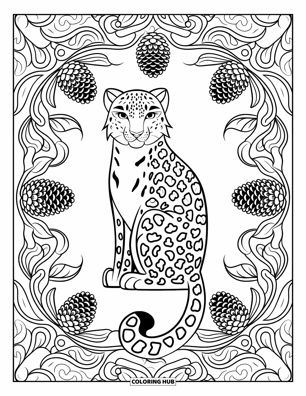 Snow Leopard Coloring Page for Adults: A sitting snow leopard is framed by swirly vines and pine cones