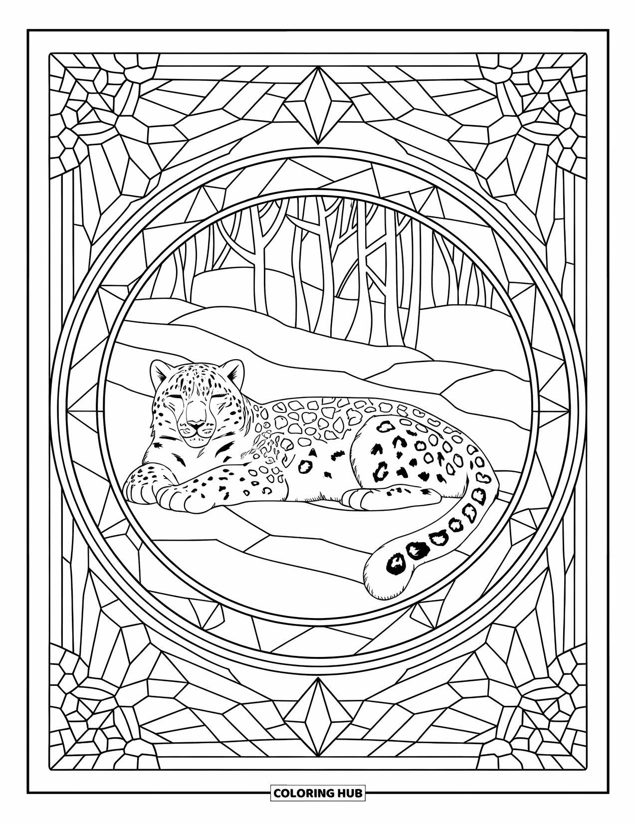 Snow Leopard Coloring Page for Adults: A sleeping snow leopard lies in snowy woods with icy crystal patterns all around