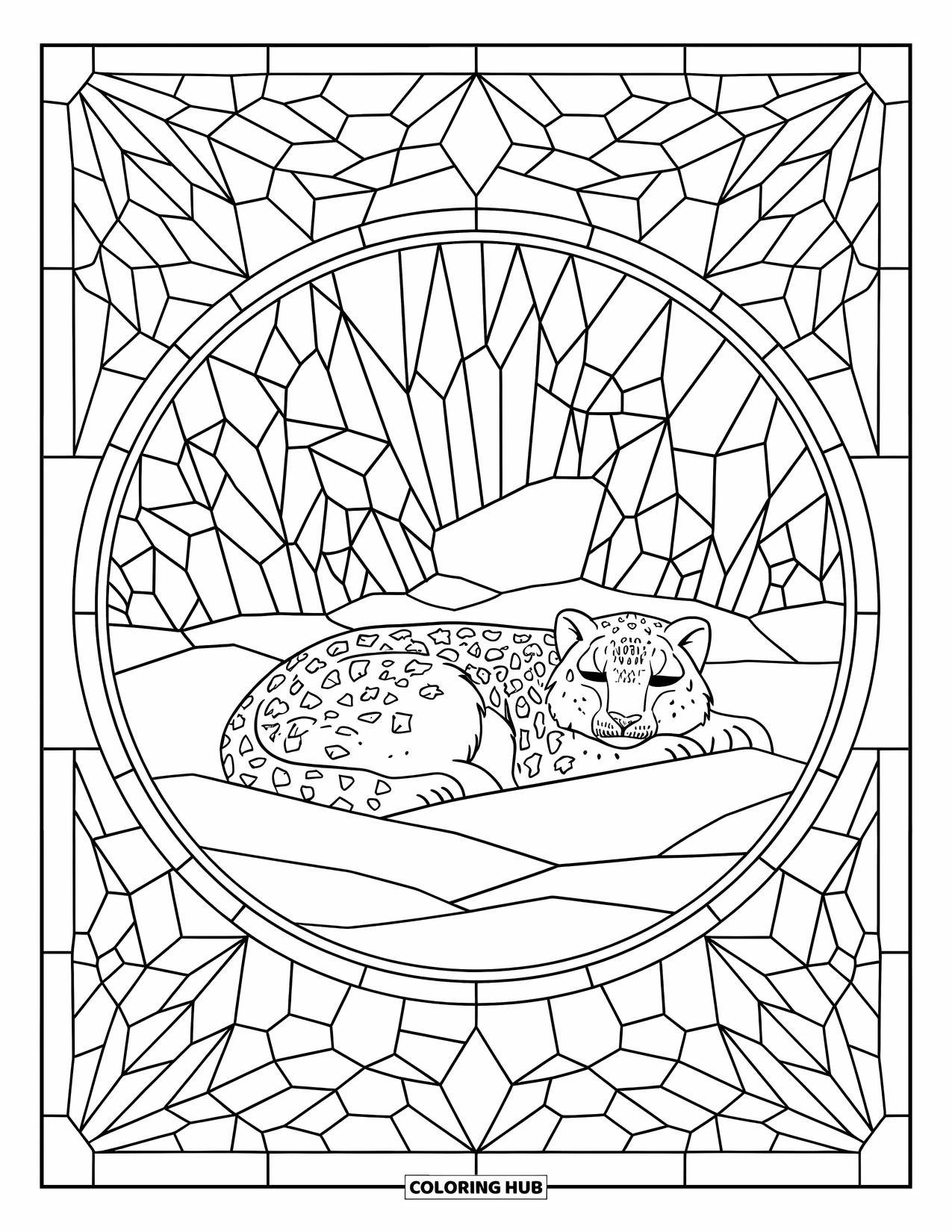 Snow Leopard Coloring Page for Adults: A snow leopard rests in snow, surrounded by crystal-like patterns