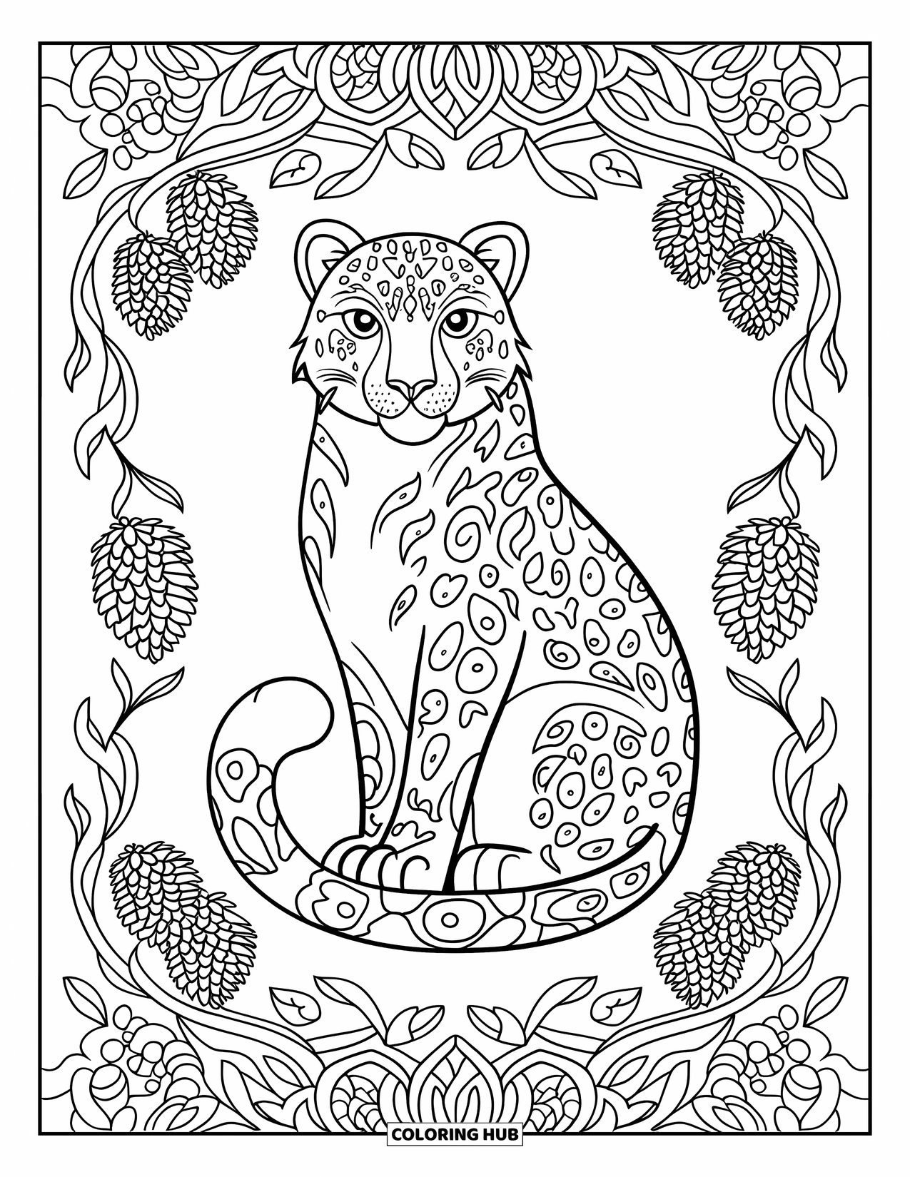 Snow Leopard Coloring Page for Adults: A snow leopard sits calmly among swirling vines and pine cones