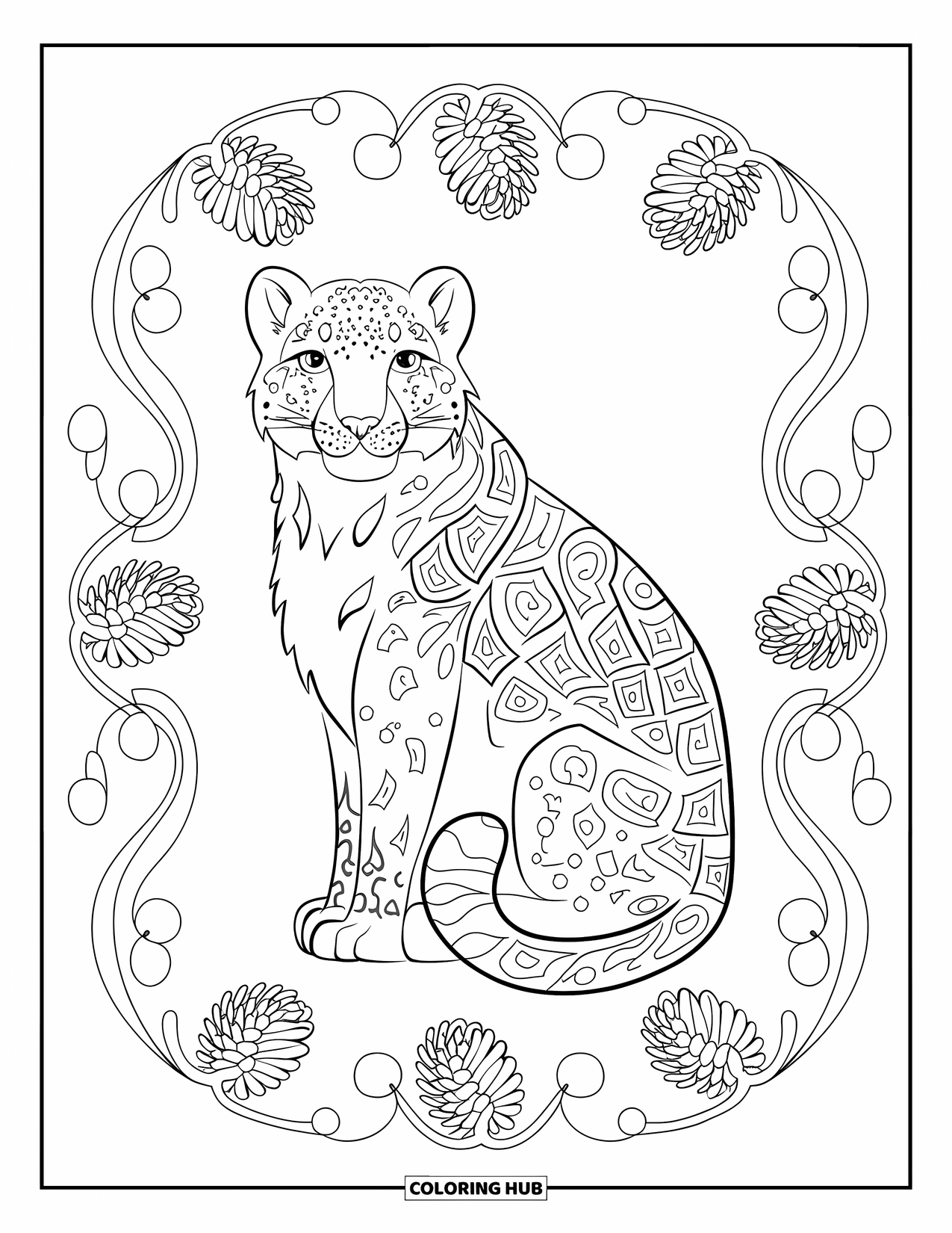Snow Leopard Coloring Page for Adults: A snow leopard sits wrapped in vines and pine cones in a calm, patterned setting
