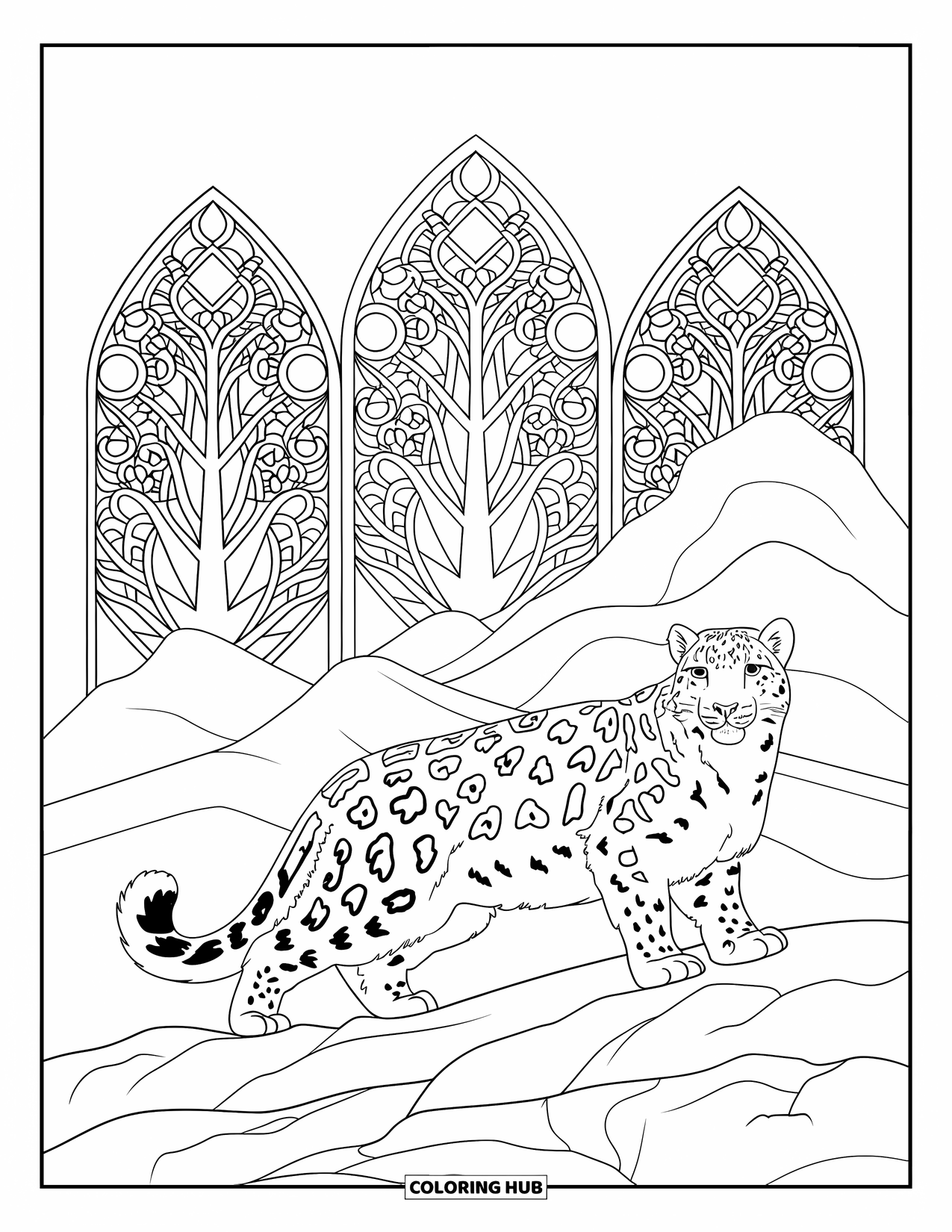 Snow Leopard Coloring Page for Adults: A snow leopard steps carefully through snow with patterned trees behind