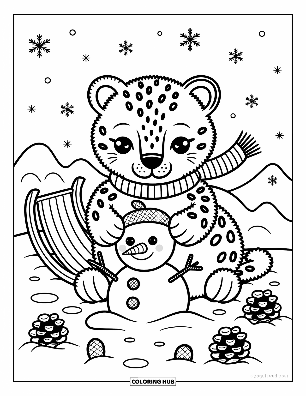 Snow Leopard Coloring Page for Adults: Cheerful snow leopard shapes a snowman with twigs, pinecones, and cozy winter charm
