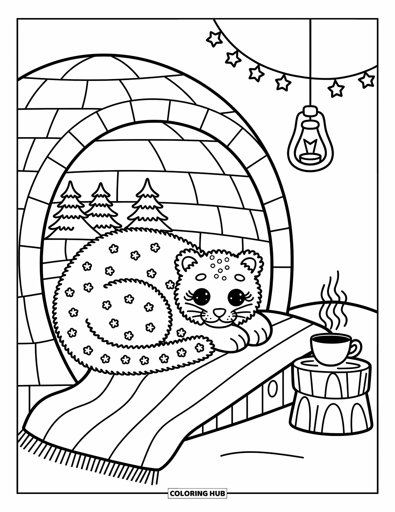 Snow Leopard Coloring Page for Adults: Fluffy snow leopard curls up inside a cozy igloo with stars and hot cocoa nearby