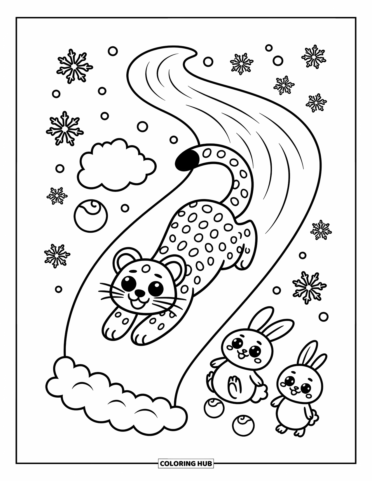 Snow Leopard Coloring Page for Adults: Joyful snow leopard slides down a snowy hill while bunny and bird watch with wide eyes