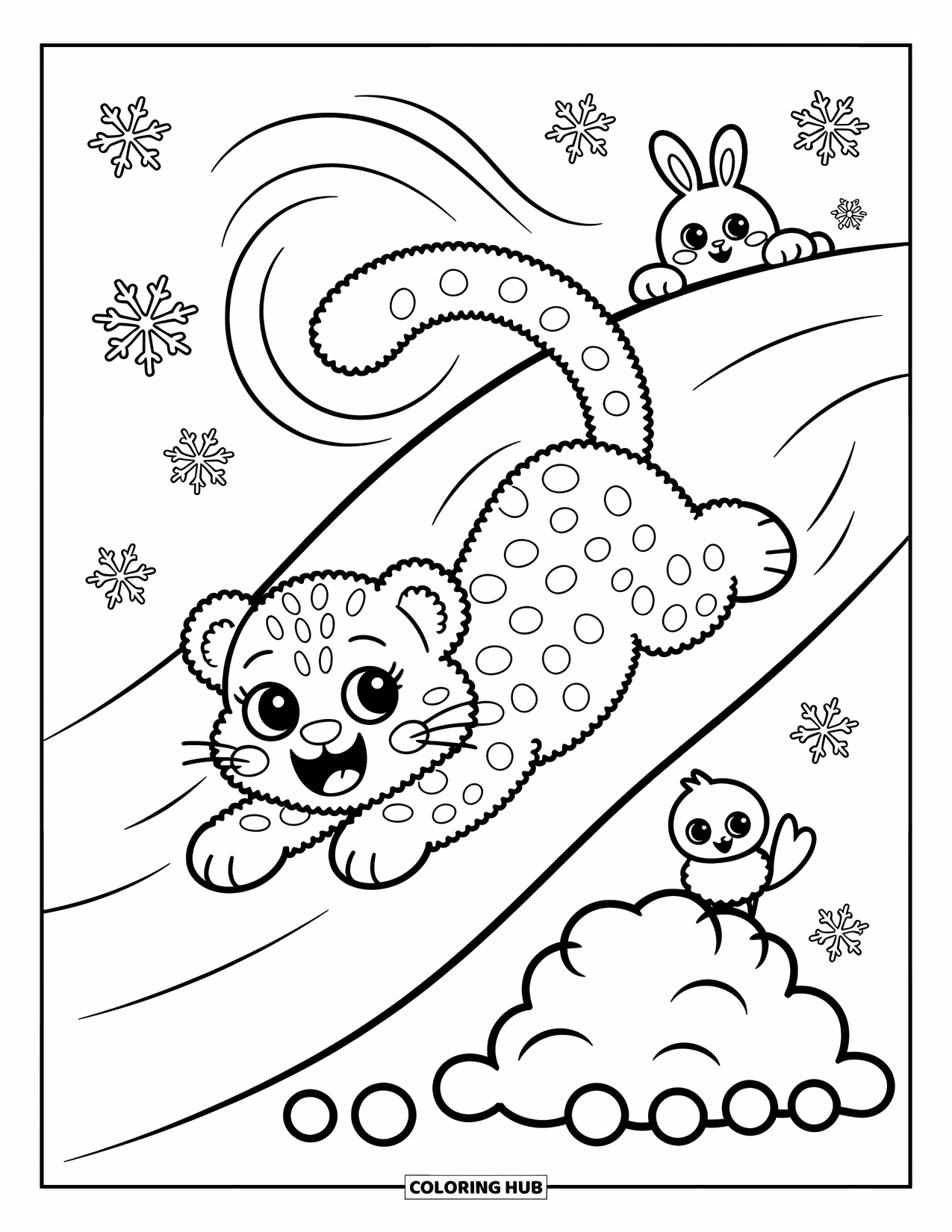 Snow Leopard Coloring Page for Adults: Playful snow leopard belly-slides through snow as tiny animals cheer from the sidelines