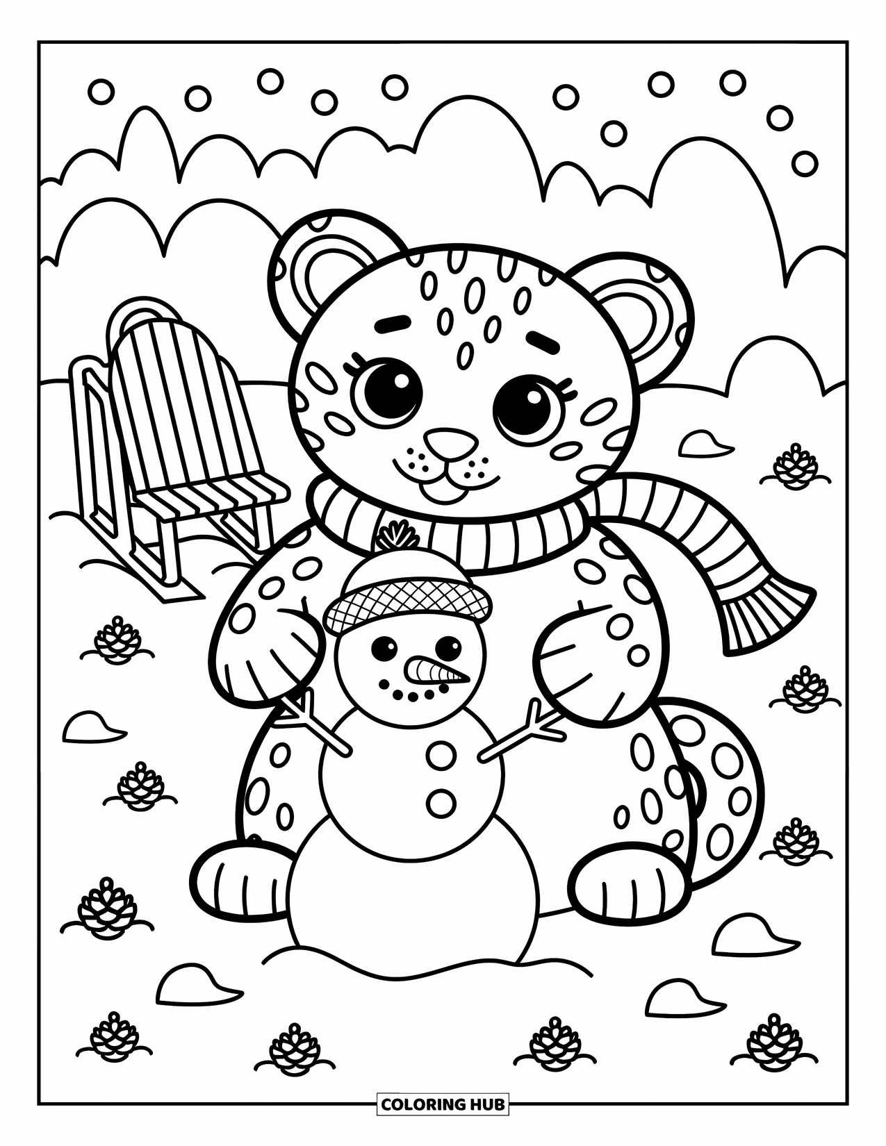 Snow Leopard Coloring Page for Adults: Snow leopard crafts a little snowman with a scarf on in a snowy yard