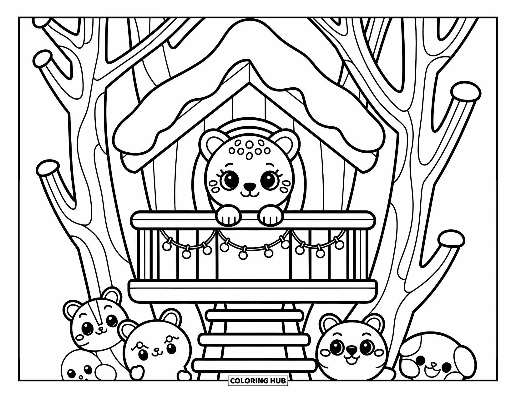 Snow Leopard Coloring Page for Adults: Snow leopard peeks from a tiny treehouse nestled in snowy branches above waving animals