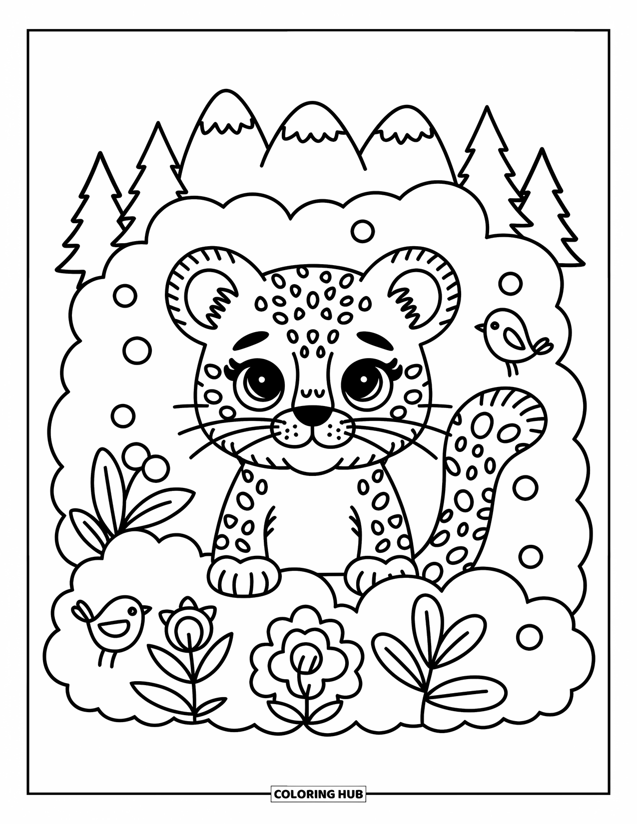 Snow Leopard Coloring Page for Adults: Snow leopard peeks from snowy bushes with perked ears and flicking tail