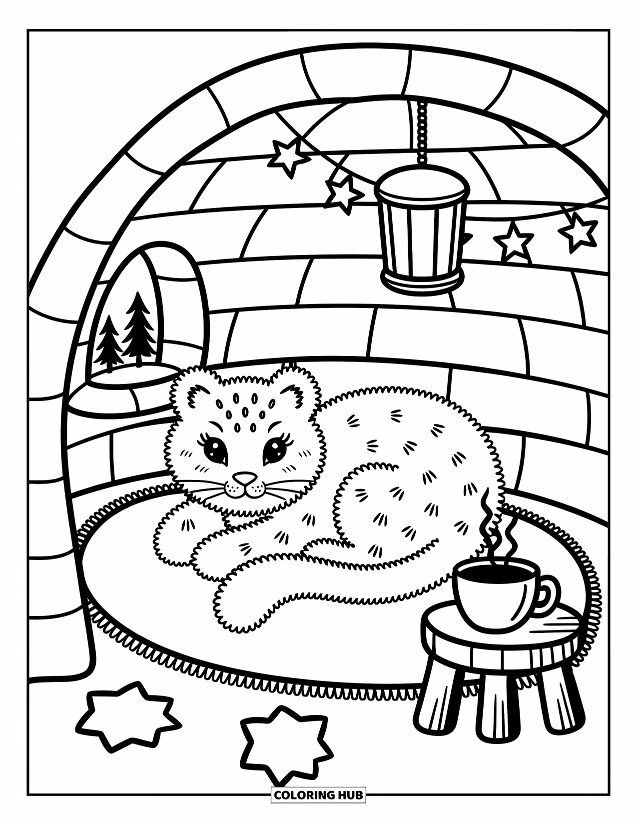 Snow Leopard Coloring Page for Adults: Snow leopard sleeps peacefully in an igloo with lanterns, stars, and a cozy setup