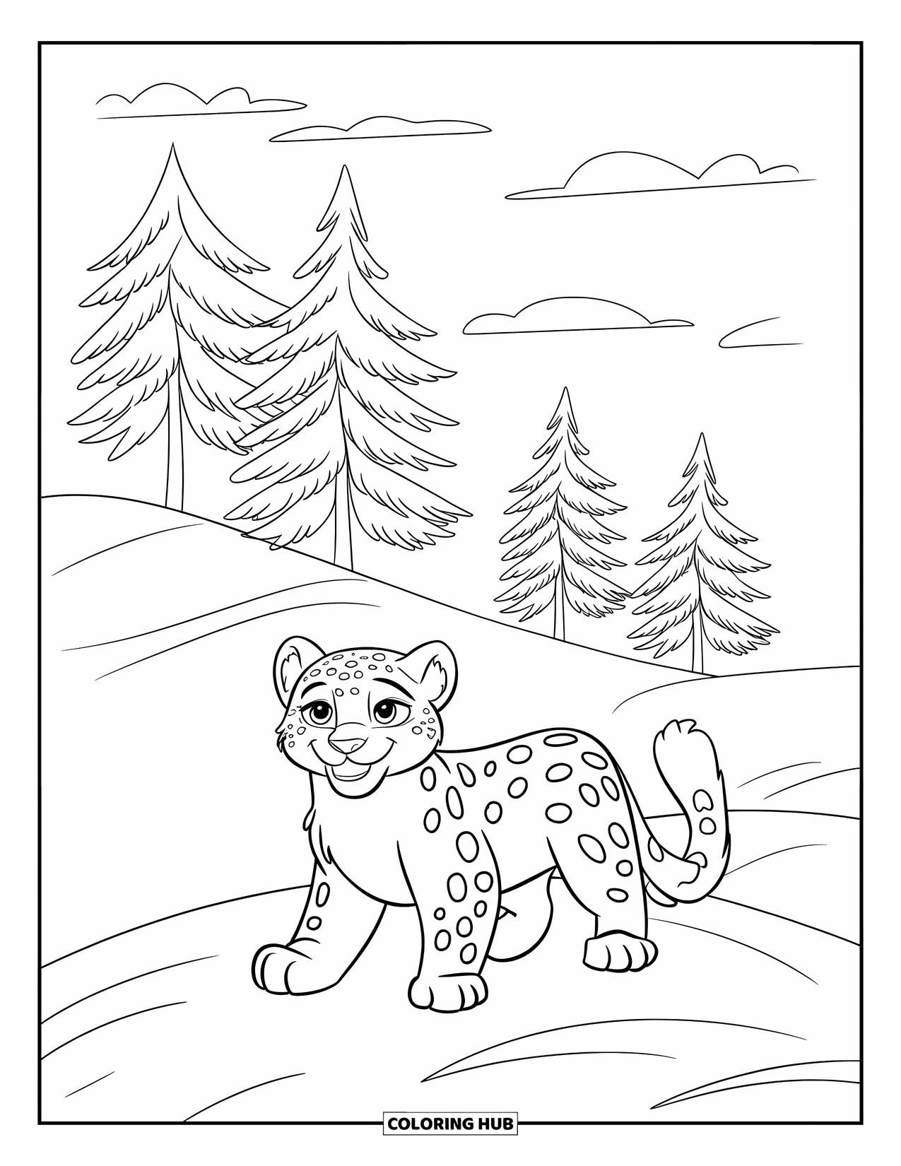Snow Leopard Coloring Page for Kids: Cheerful snow leopard smiles on a snowy hill under a sunny sky
