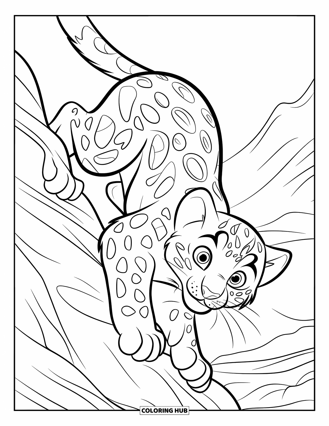 Snow Leopard Coloring Page for Kids: Cub with claws climbs a rocky ledge in a snowy mountain scene