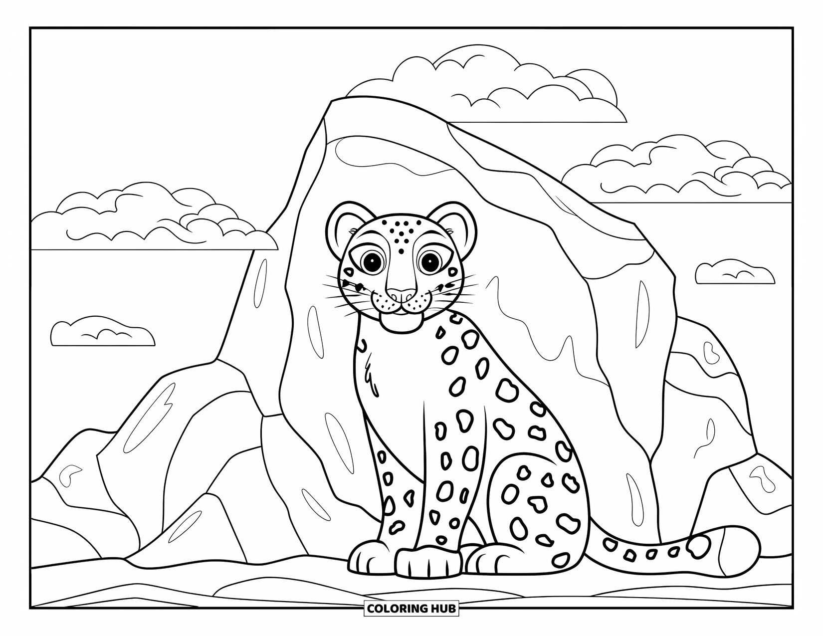 Snow Leopard Coloring Page for Kids: Curious leopard peeks behind a rock with fluffy clouds floating above