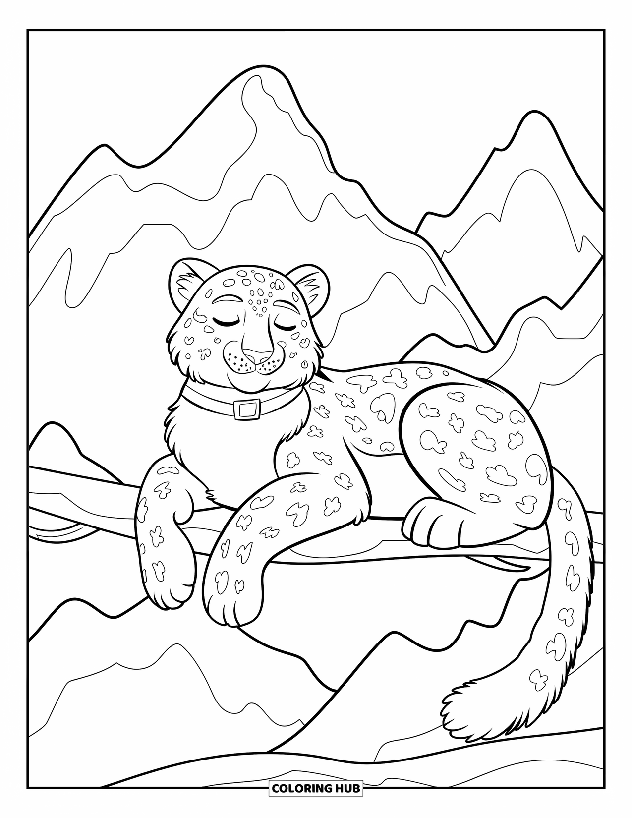 Snow Leopard Coloring Page for Kids: Curled-up snow leopard naps on a snow-covered branch beneath towering mountains