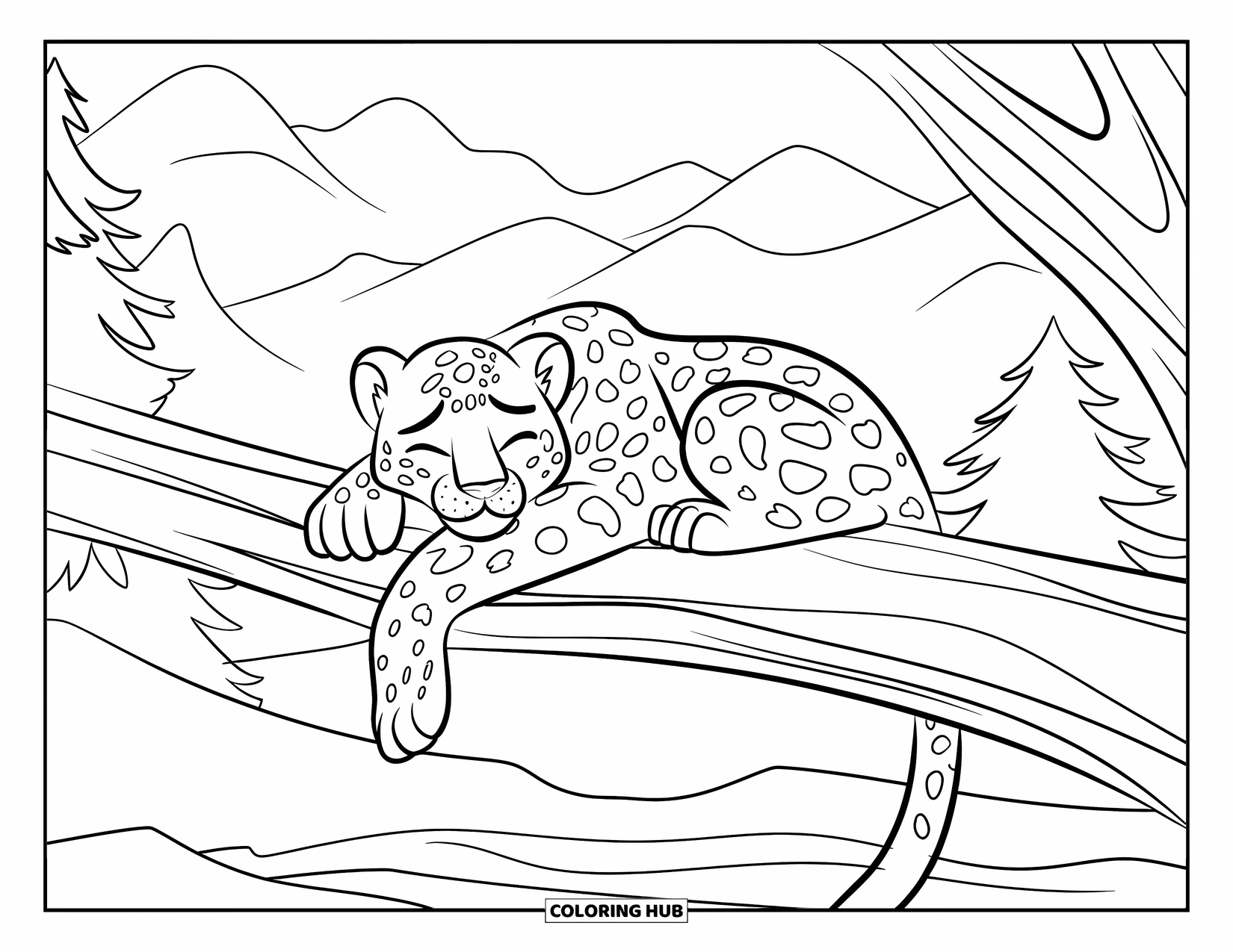 Snow Leopard Coloring Page for Kids: Curled-up snow leopard rests quietly on a tree branch near snowy peaks